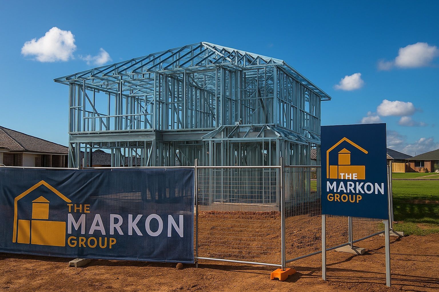A steel frame house under construction with