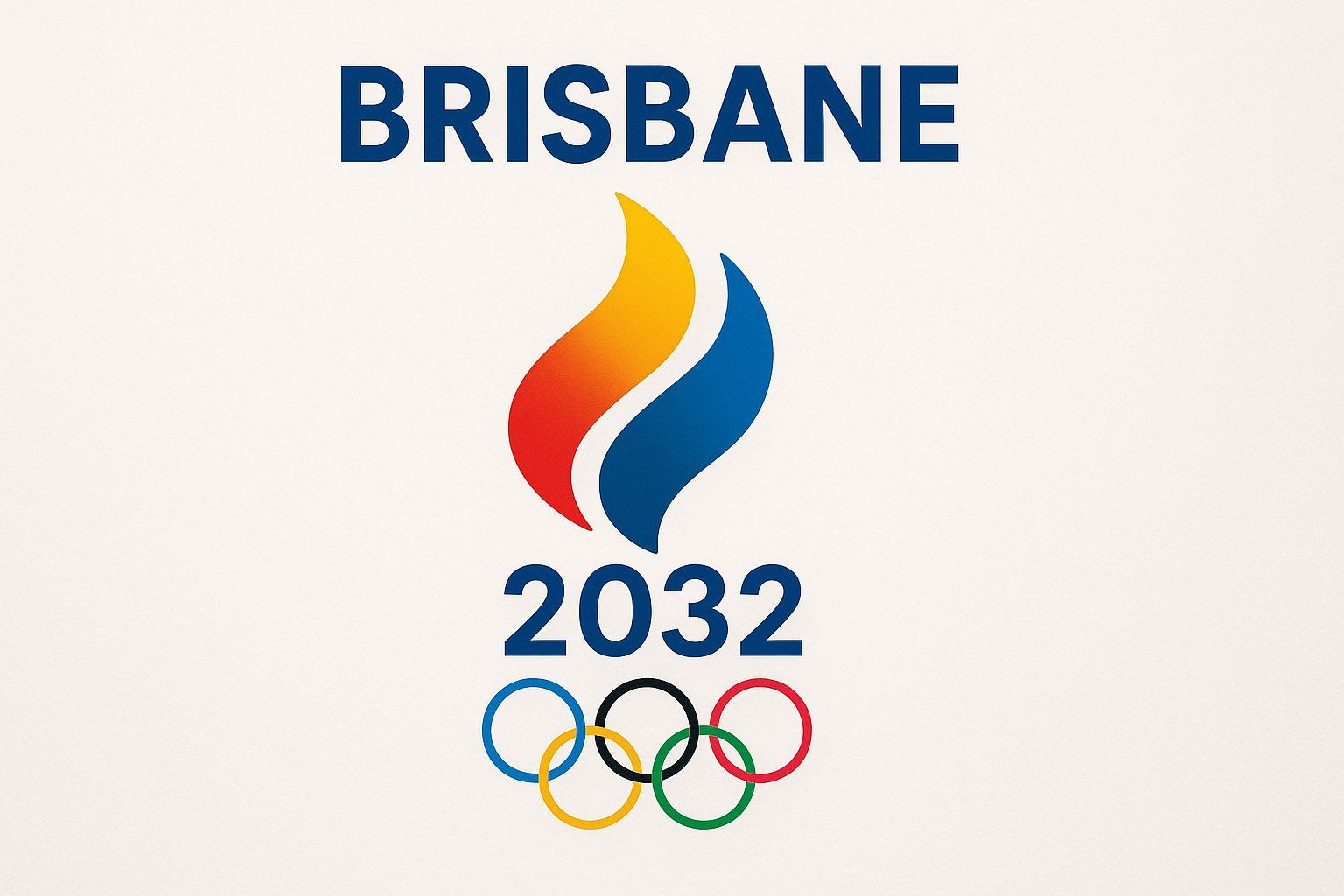 Brisbane 2032 Olympics logo: stylized flame with blue, orange, and red, over Olympic rings.
