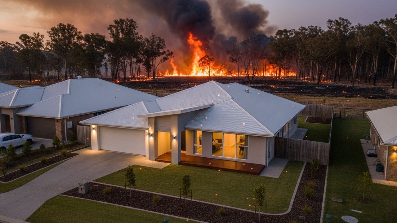 Houses with white roofs in foreground, a wildfire burning in the background, smoky sky.
