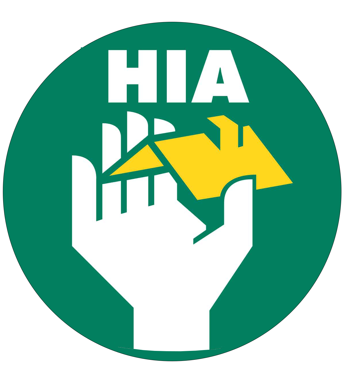 Green circle with white hand holding a yellow roof. HIA in white at the top.