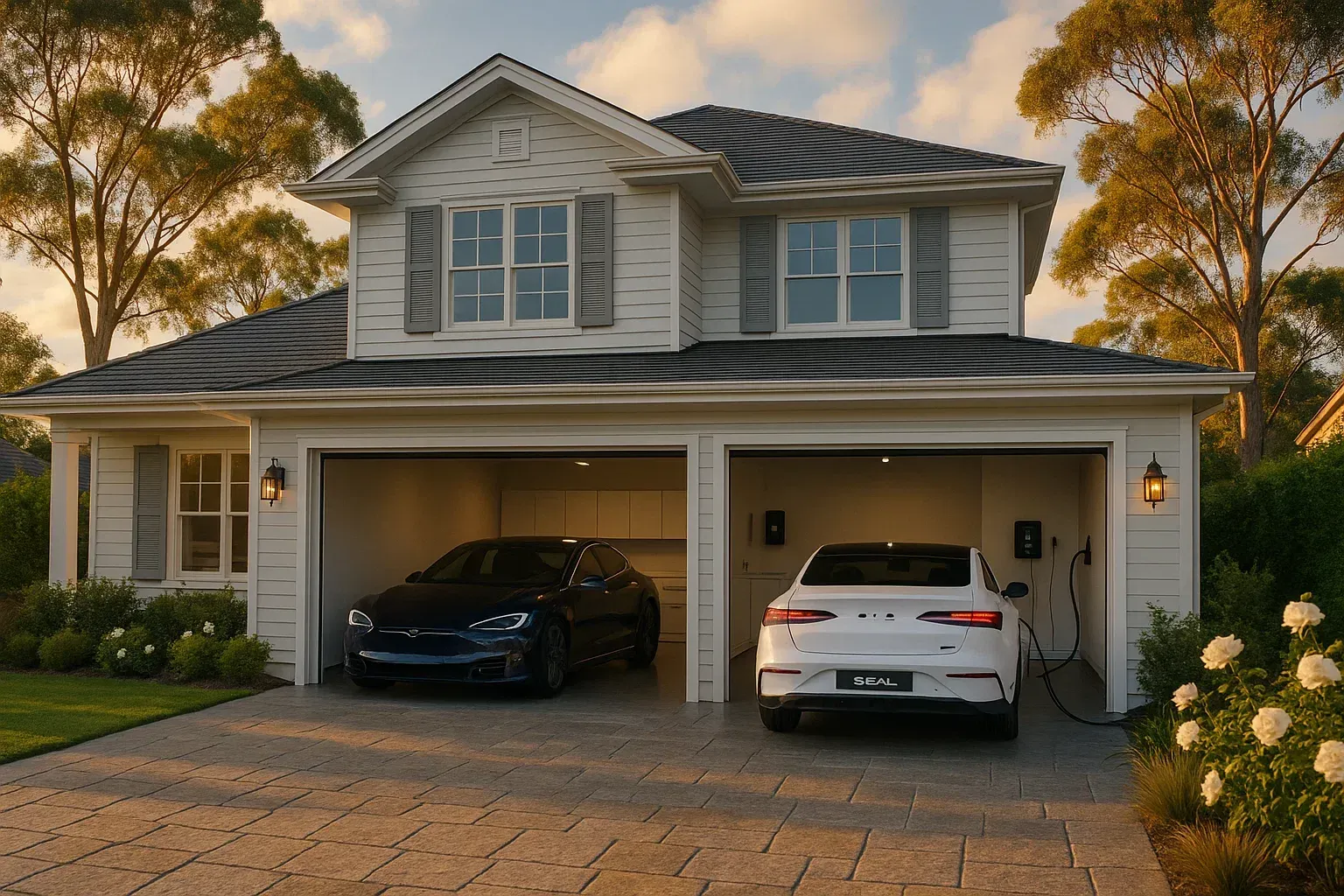 Two electric vehicles parked in a garage of a two-story white house with charging stations.
