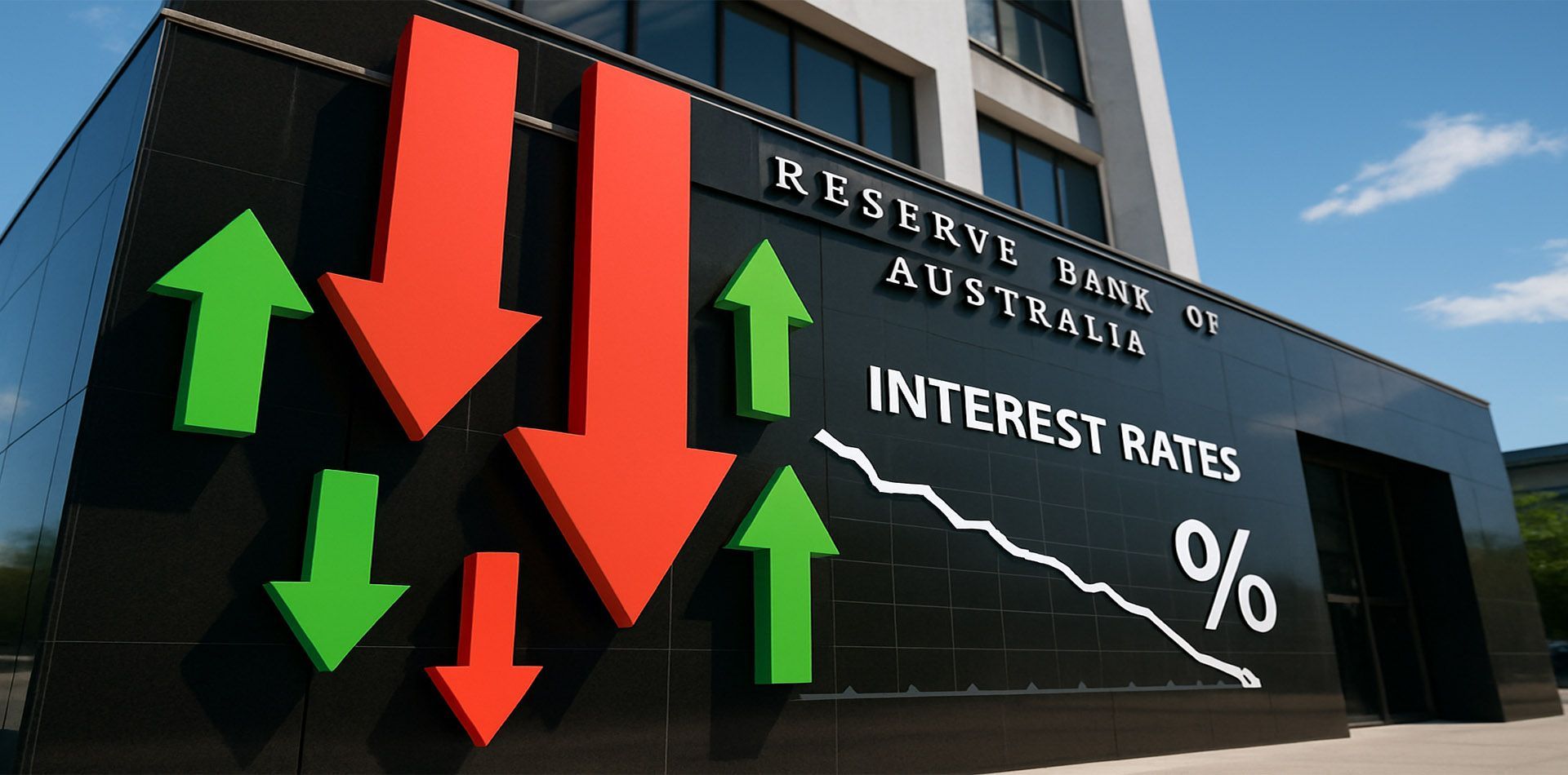 Sign outside the Reserve Bank of Australia with arrows indicating rising and falling interest rates.