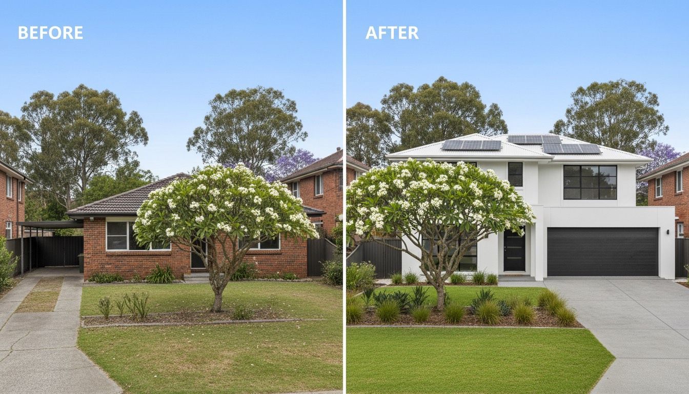 Before-and-after of house exterior. Brick home transformed to modern white facade with solar panels.