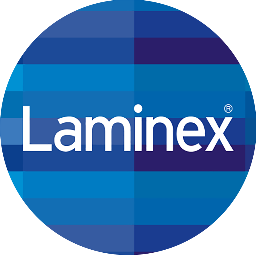 Laminex logo in a blue and white circular design. The background is a grid of varying blue shades.