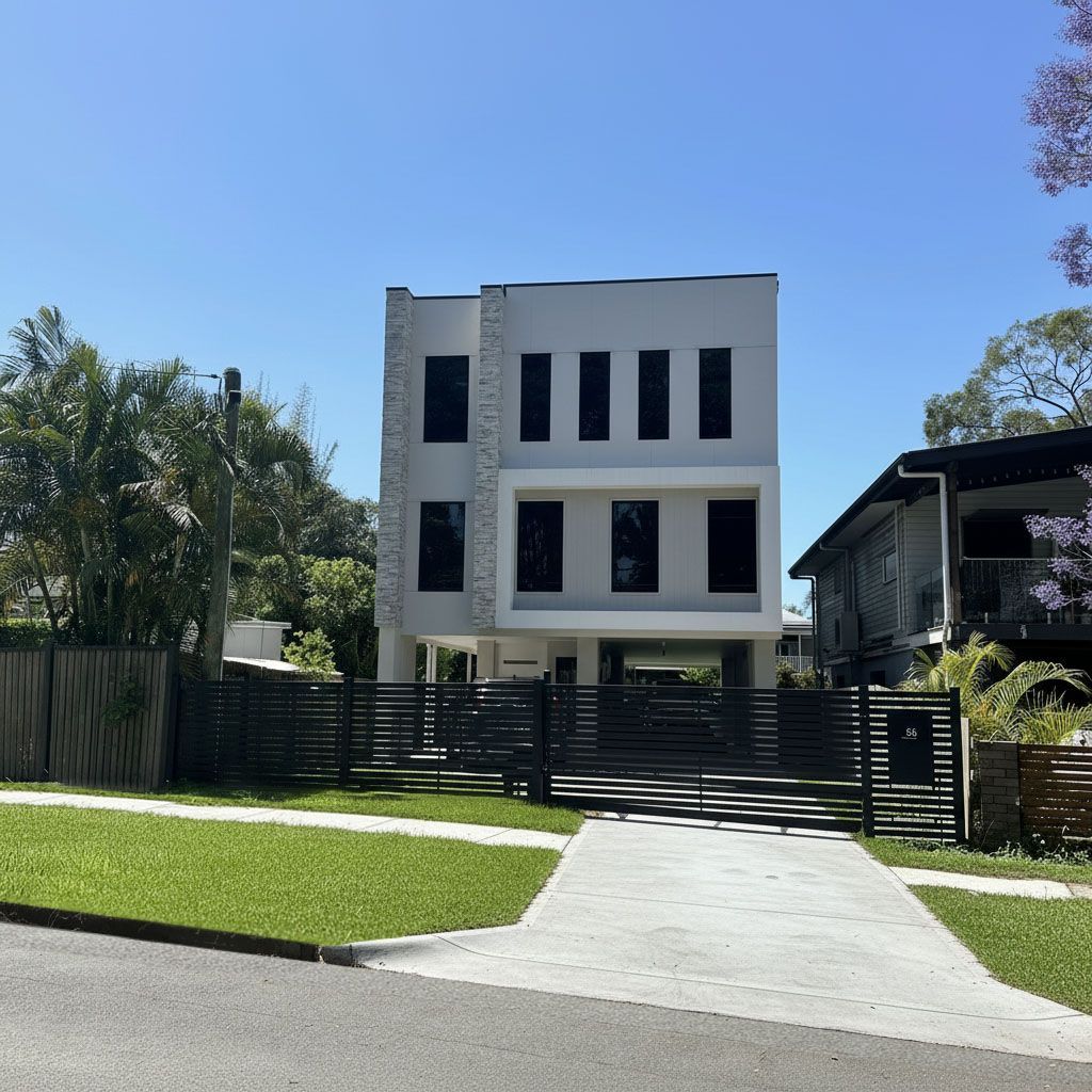 Modern white three-story house with dark windows. Black gate and driveway in front. Green grass, blue sky.
