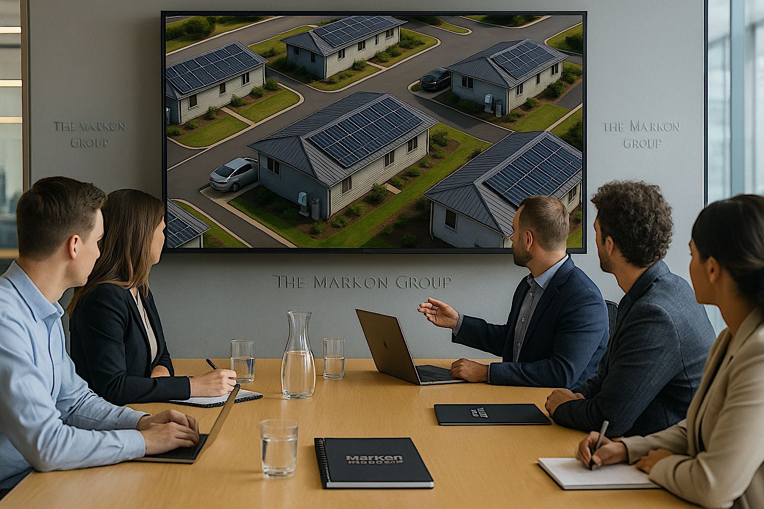 Business meeting: People at a table view a screen showing a 3D rendering of a housing development.