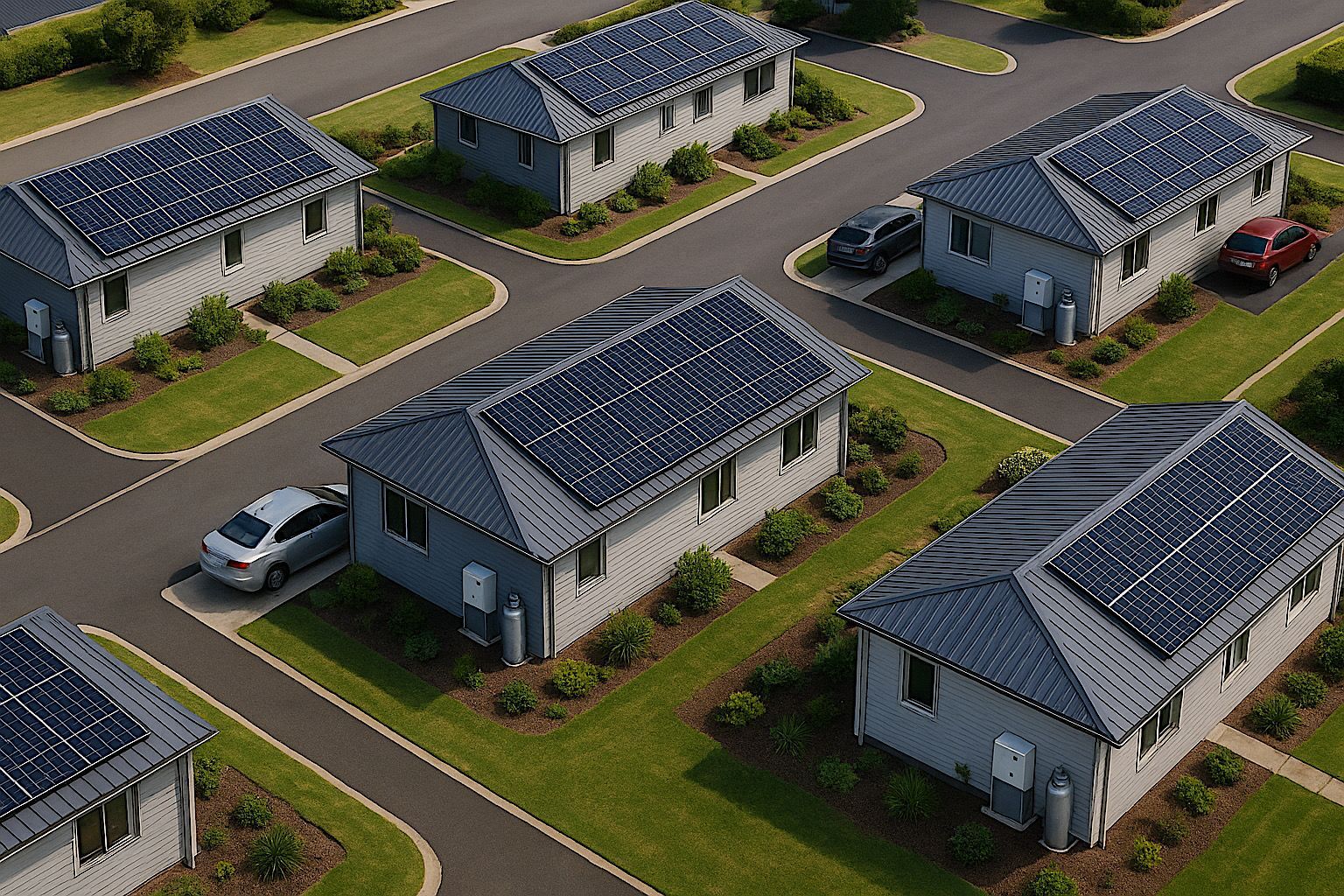 Aerial view of houses with solar panels on roofs in a suburban neighborhood. Cars parked in driveways, green lawns.