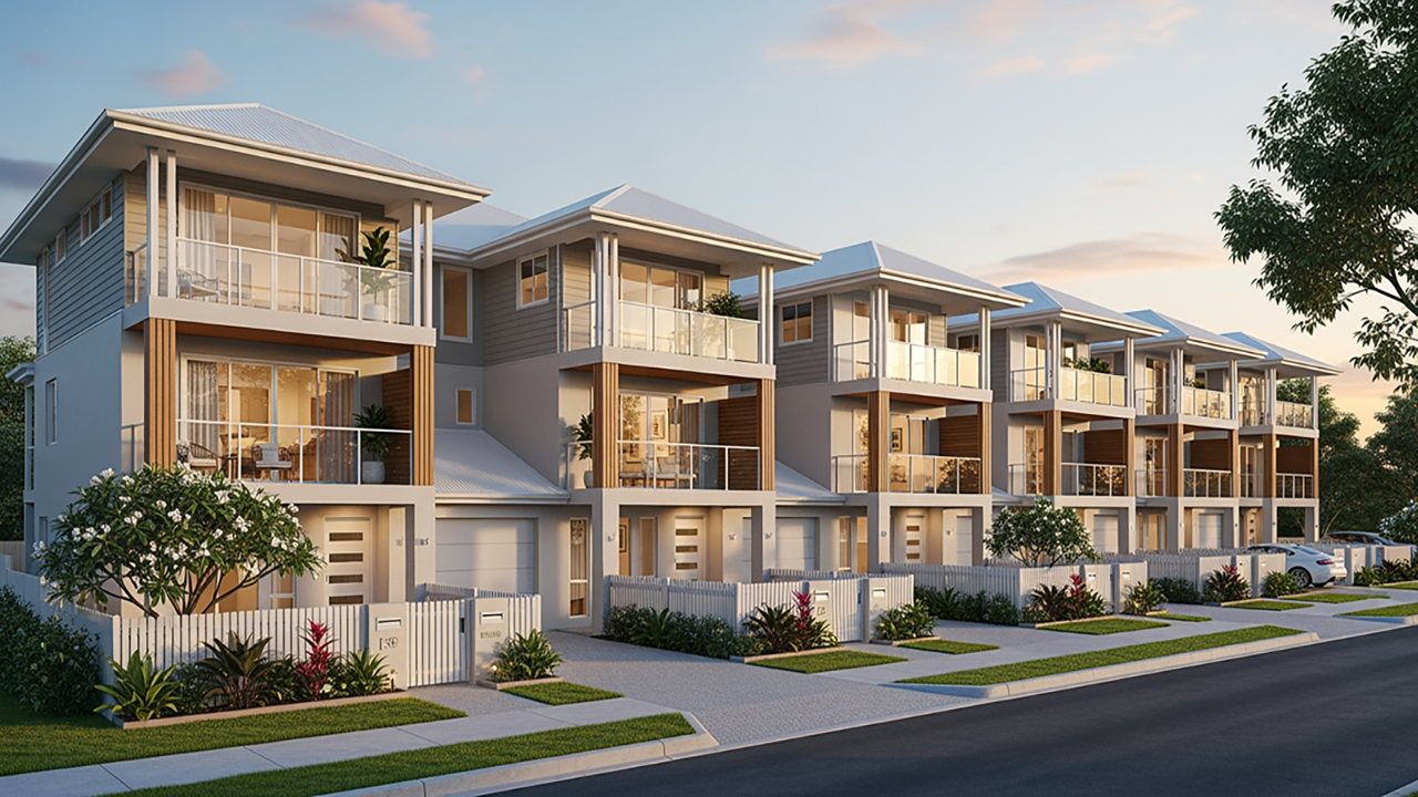 Row of modern townhouses with white siding, balconies, and garages, set in a sunny neighborhood.