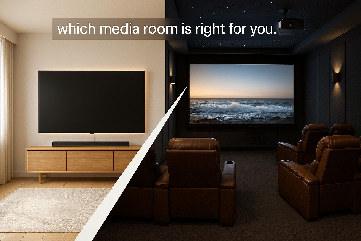 Comparison of two media rooms: a bright living room setup and a dark home theater.