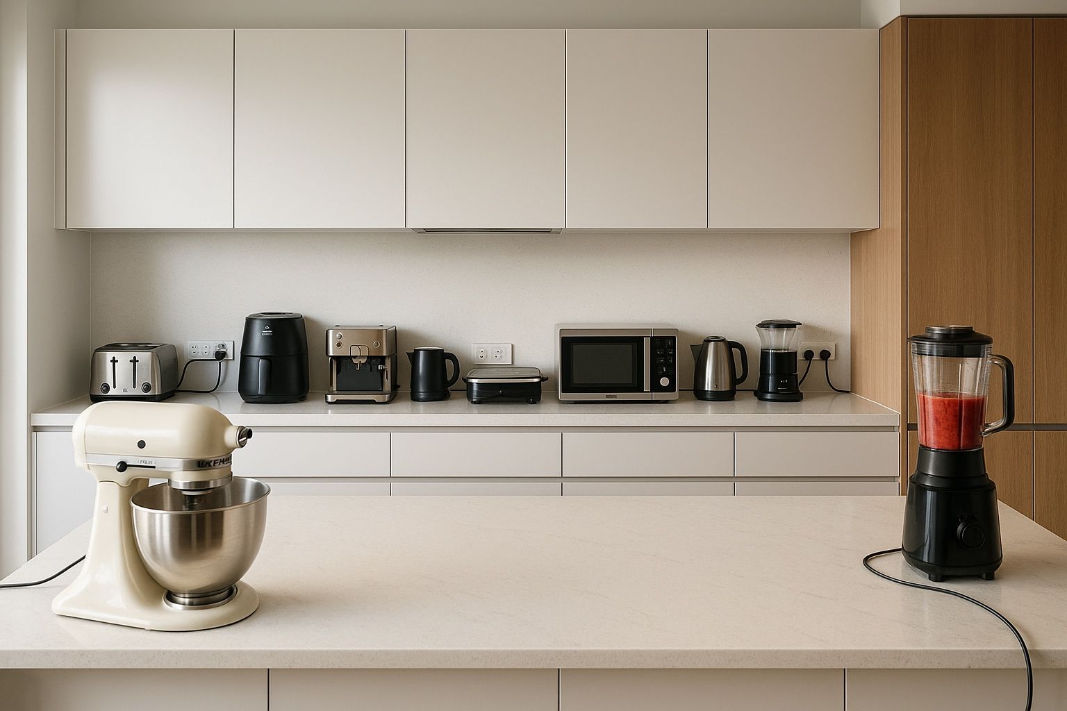 Modern kitchen with white cabinets and countertop; appliances line the counter.