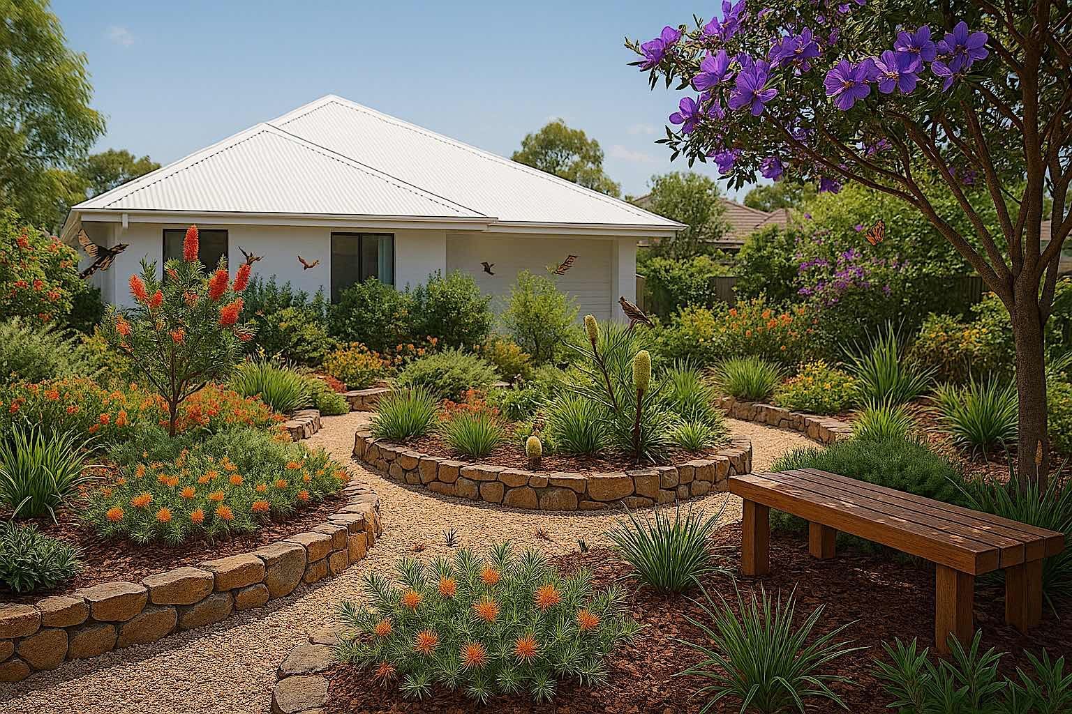 Garden path with rock borders leading to a white house, surrounded by colorful flowers and a bench.
