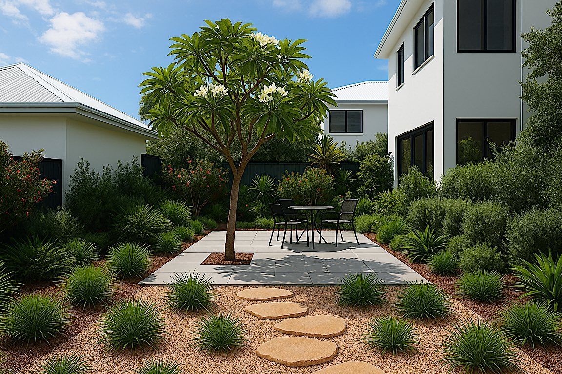 A serene garden with a stone path leading to a table and tree, surrounded by greenery and white buildings.