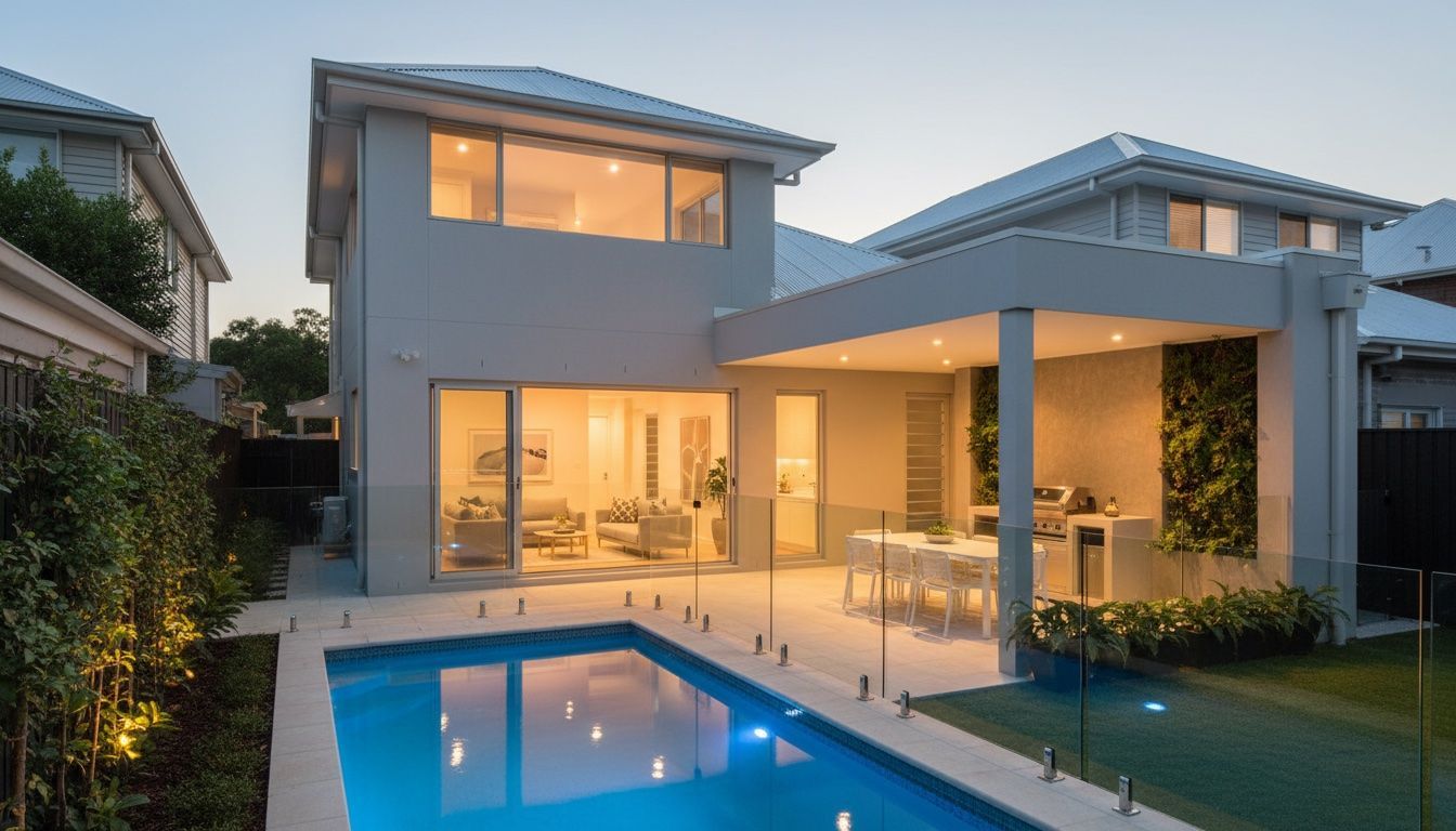 A modern house exterior with a pool, patio, and lush lawn at dusk.