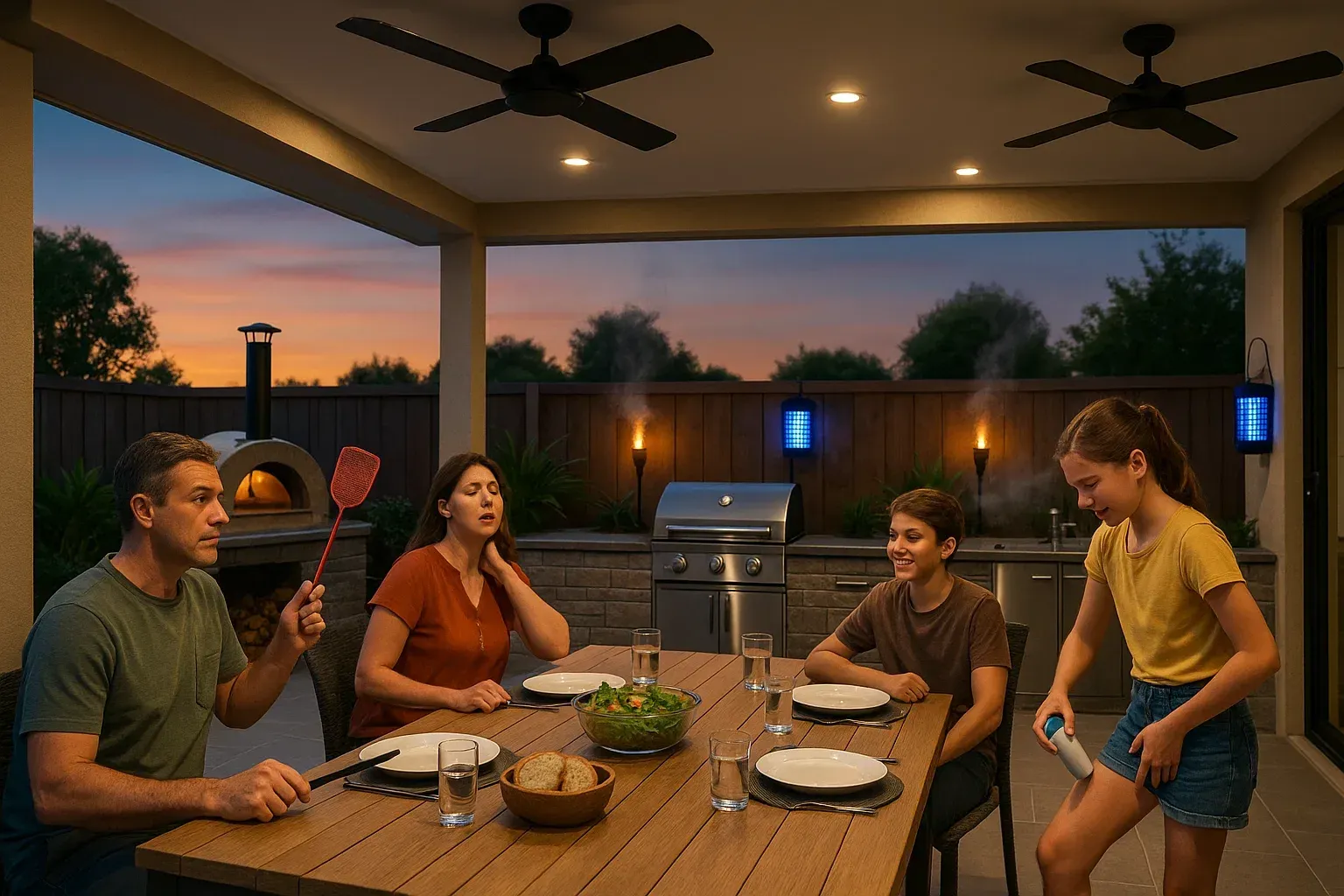 Family dining outdoors at dusk; dad swatting, grilling, kids, mom, table set, torches, sunset.