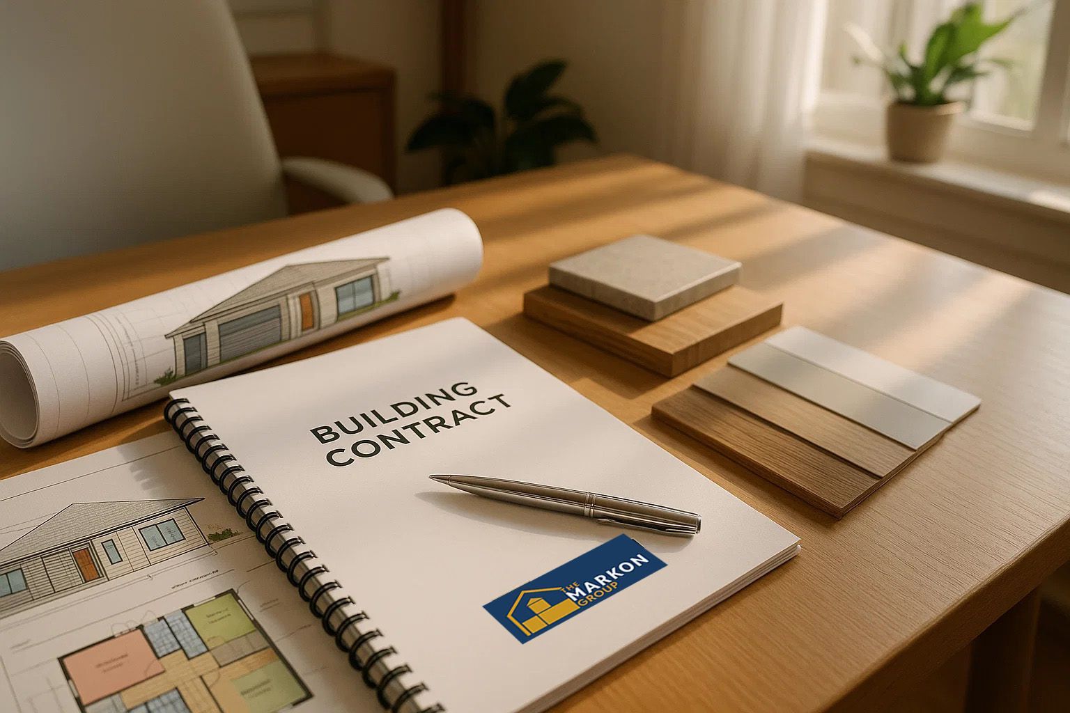 Desk with building plans, contract, pen, and samples, showcasing home design and construction.