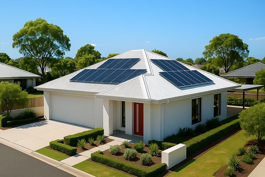 White house with solar panels on roof, red door, landscaped yard, blue sky.