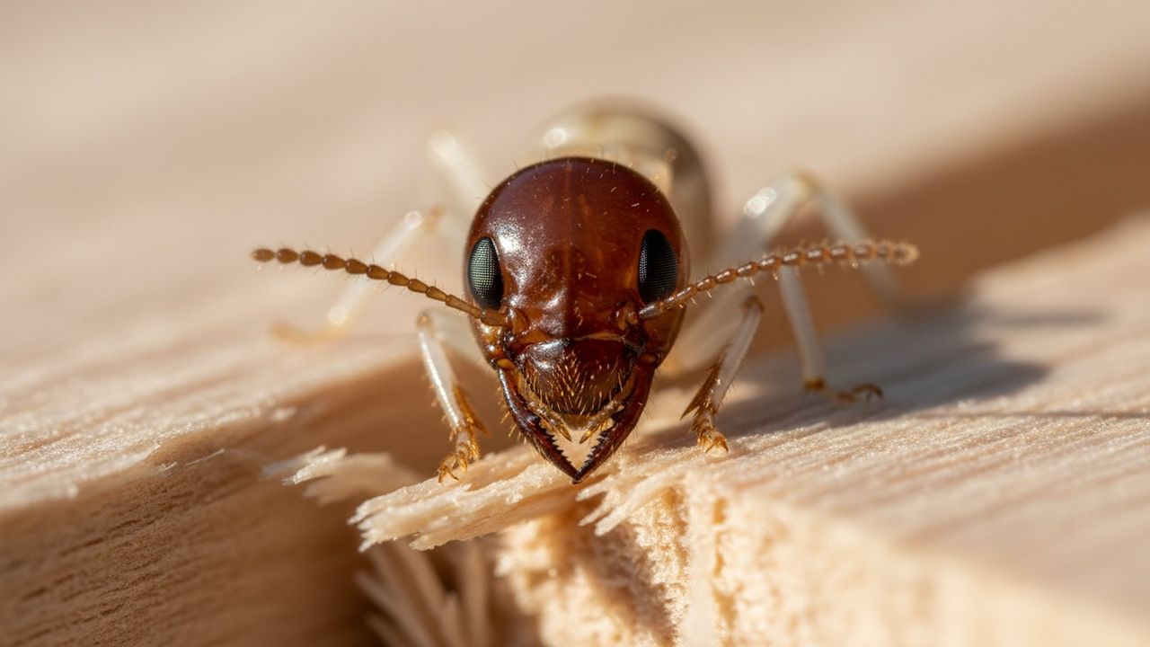 Termite on wood, brown head, white body, chewing wood.