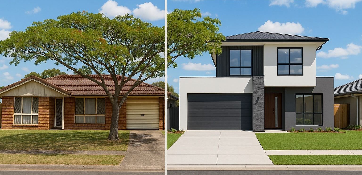 Before and after of a house: older brick home next to a new modern two-story home.