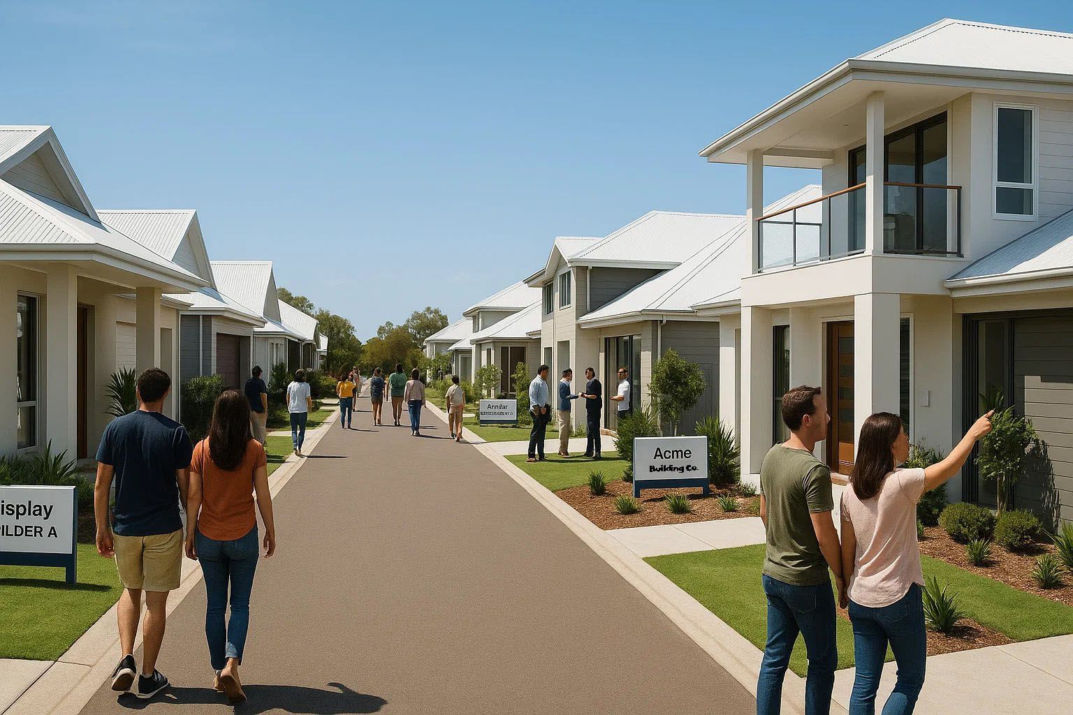 People walking along a street lined with modern, white houses on a sunny day; real estate viewing.