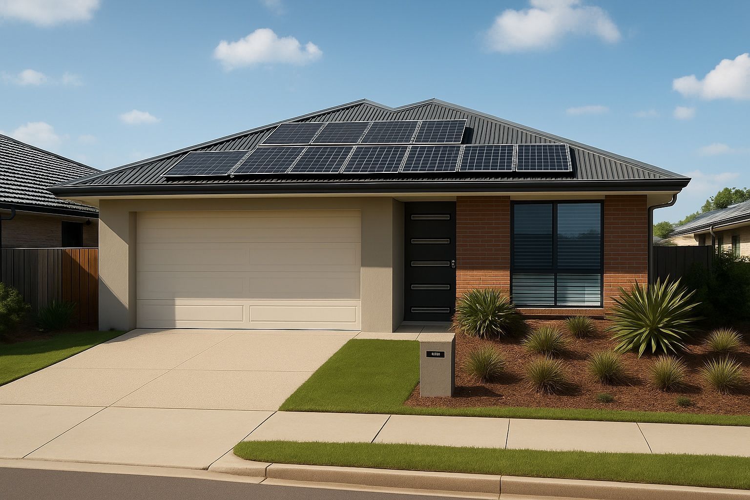 House with solar panels on the roof, brick facade, beige garage door, and green lawn.