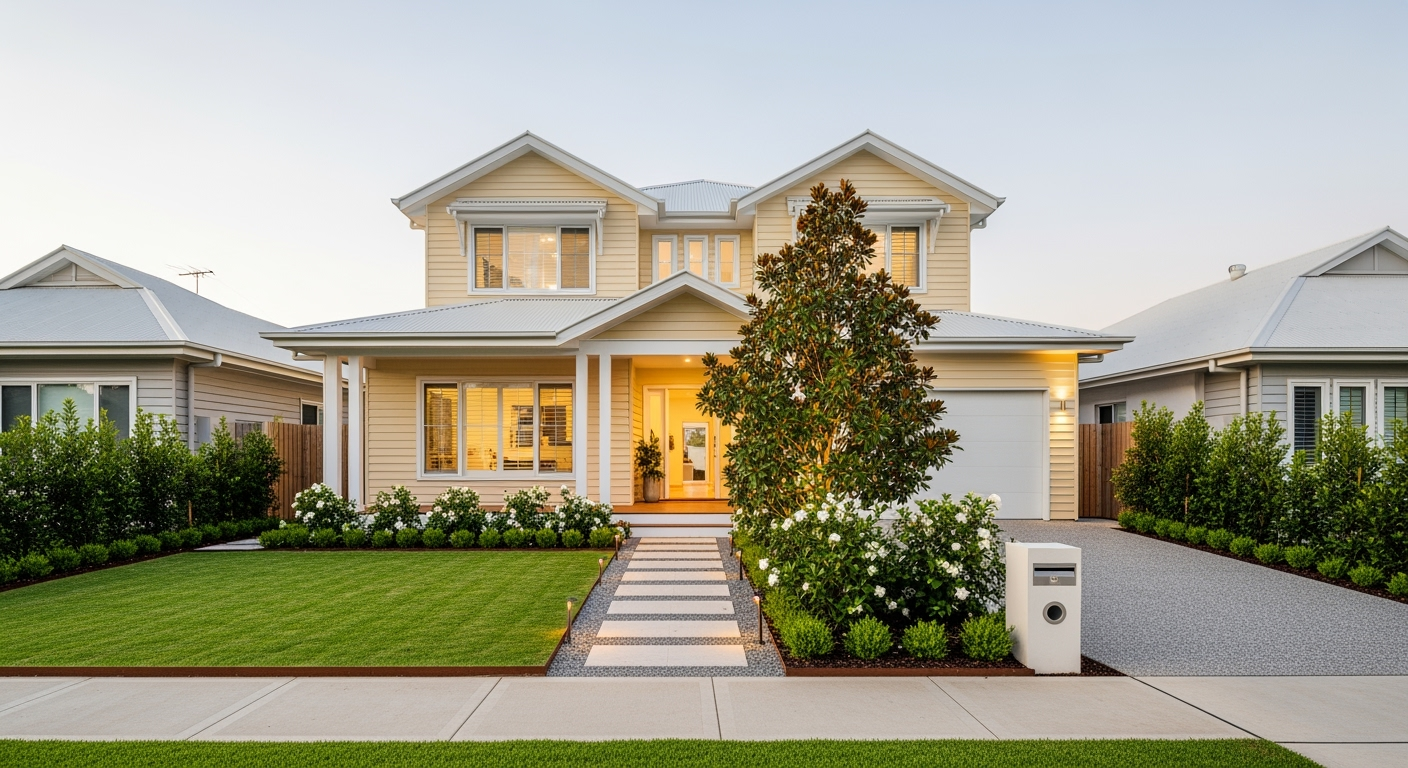 Two-story beige house with a green lawn, stone pathway, white garage, and manicured landscaping.