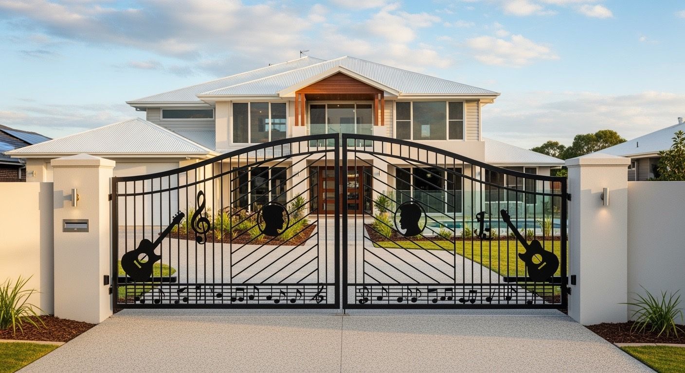 A large white house with black iron gates featuring guitar silhouettes, set against a blue sky.