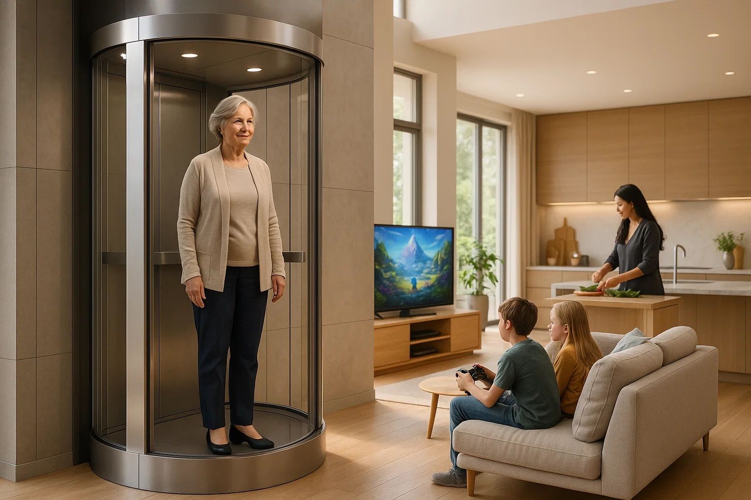 Woman stands in home elevator; family in living room.