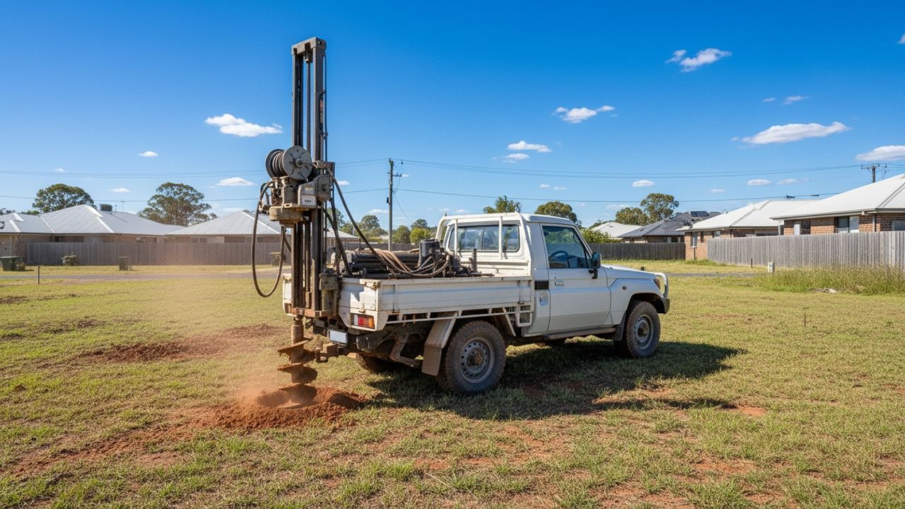 Drilling rig mounted on a white truck in a grassy field under a blue sky, residential background.