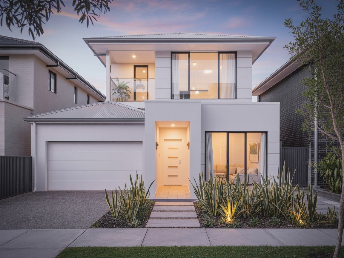 Modern two-story house with white exterior, black garage door, and wooden accents.
