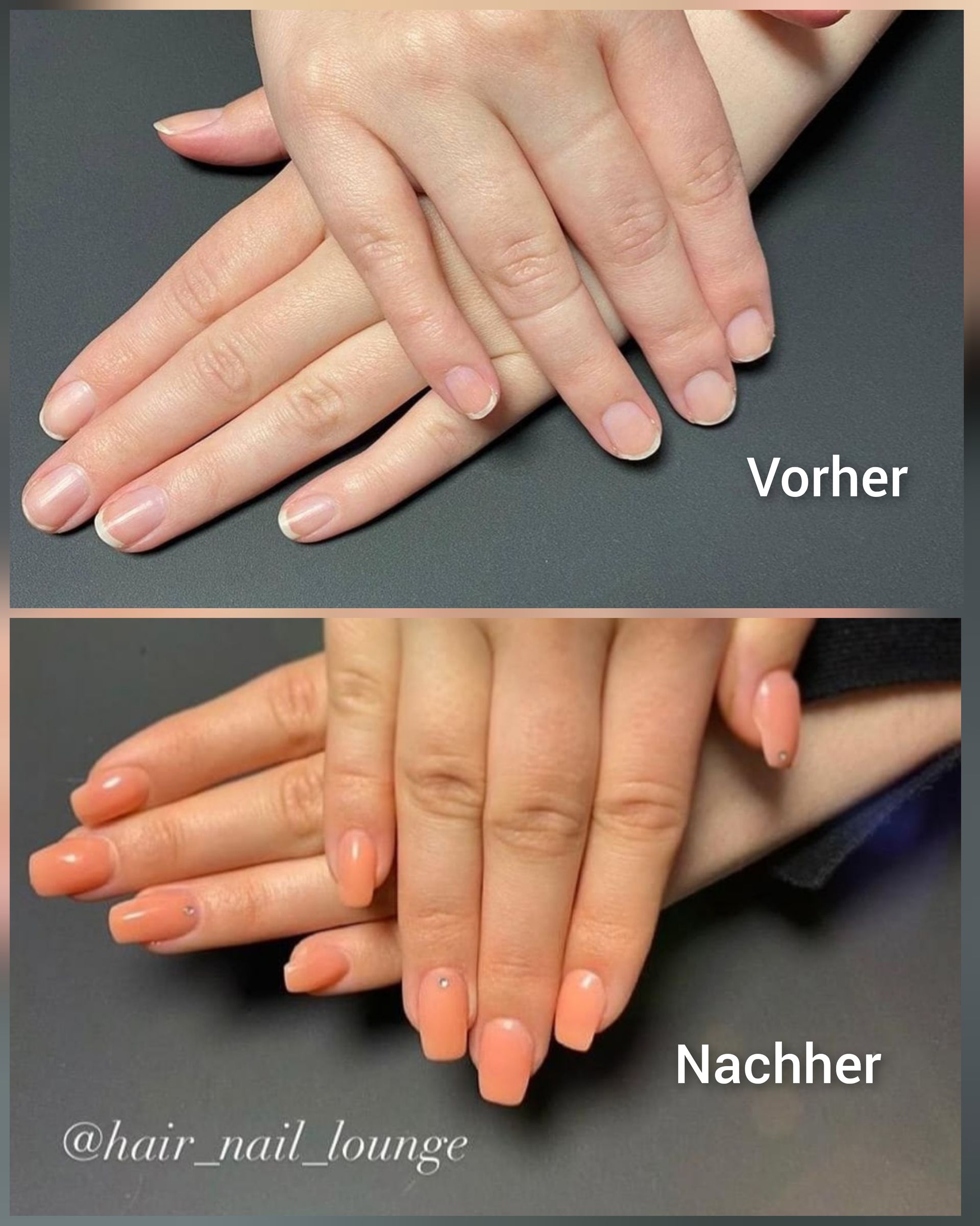 Nahaufnahme einer Hand vor und nach der Maniküre, mit polierten, nudefarbenen Nägeln und French Tips auf dunklem Hintergrund.
