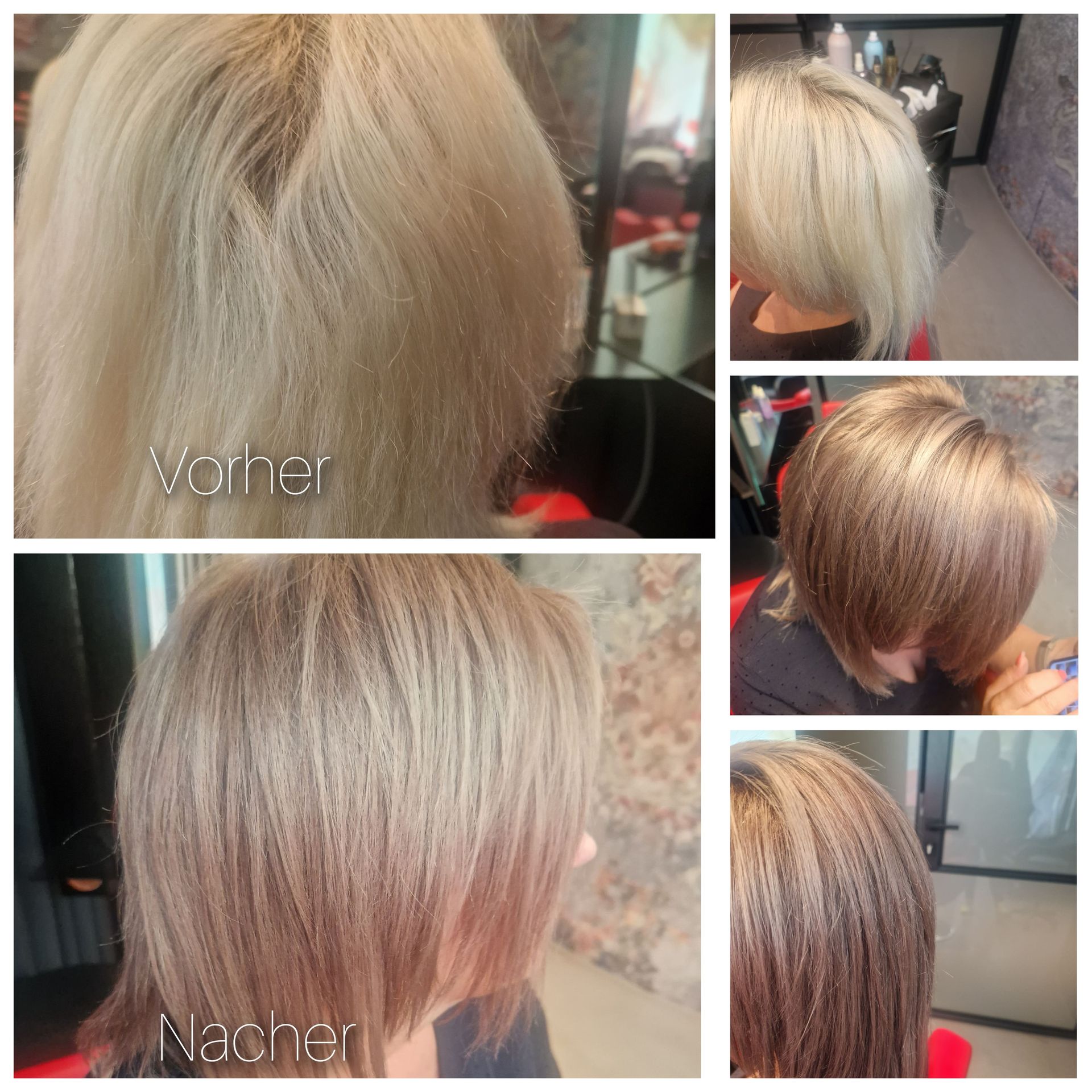 Collage mit Ergebnissen blonder Haarfarben: Vorher-, Nachher- und Nahaufnahmen aus dem Salon.