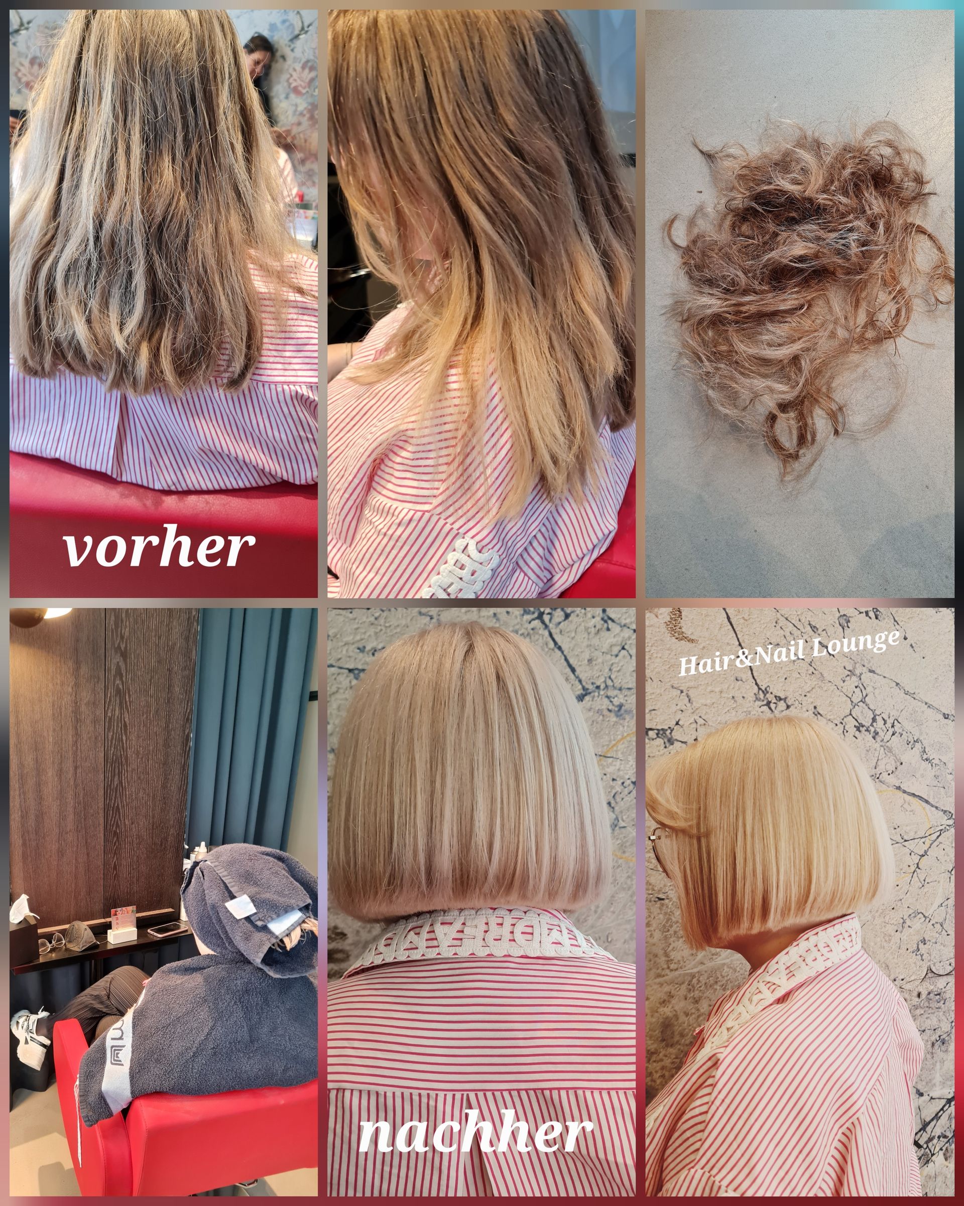 Vorher-Nachher-Collage mit lockigen Haarsträhnen und einem kurzen blonden Bob