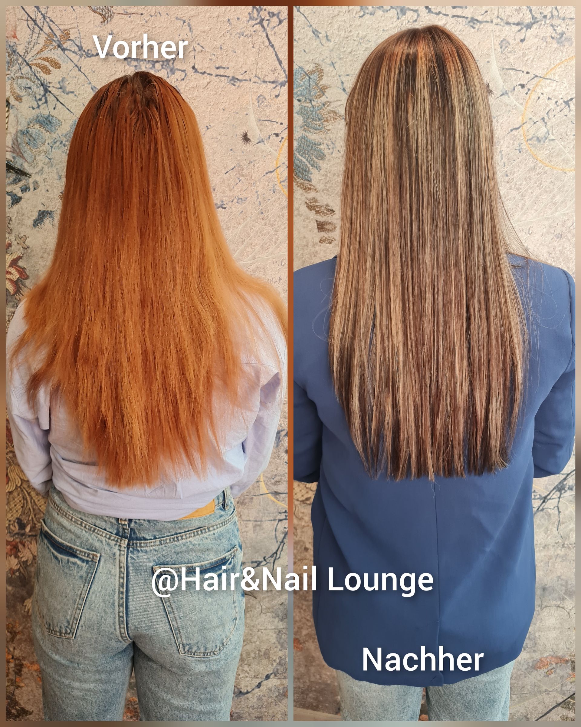 Vergleich der Haarveränderungen: langes orangefarbenes Haar vorher, helleres, gesträhntes Haar nachher