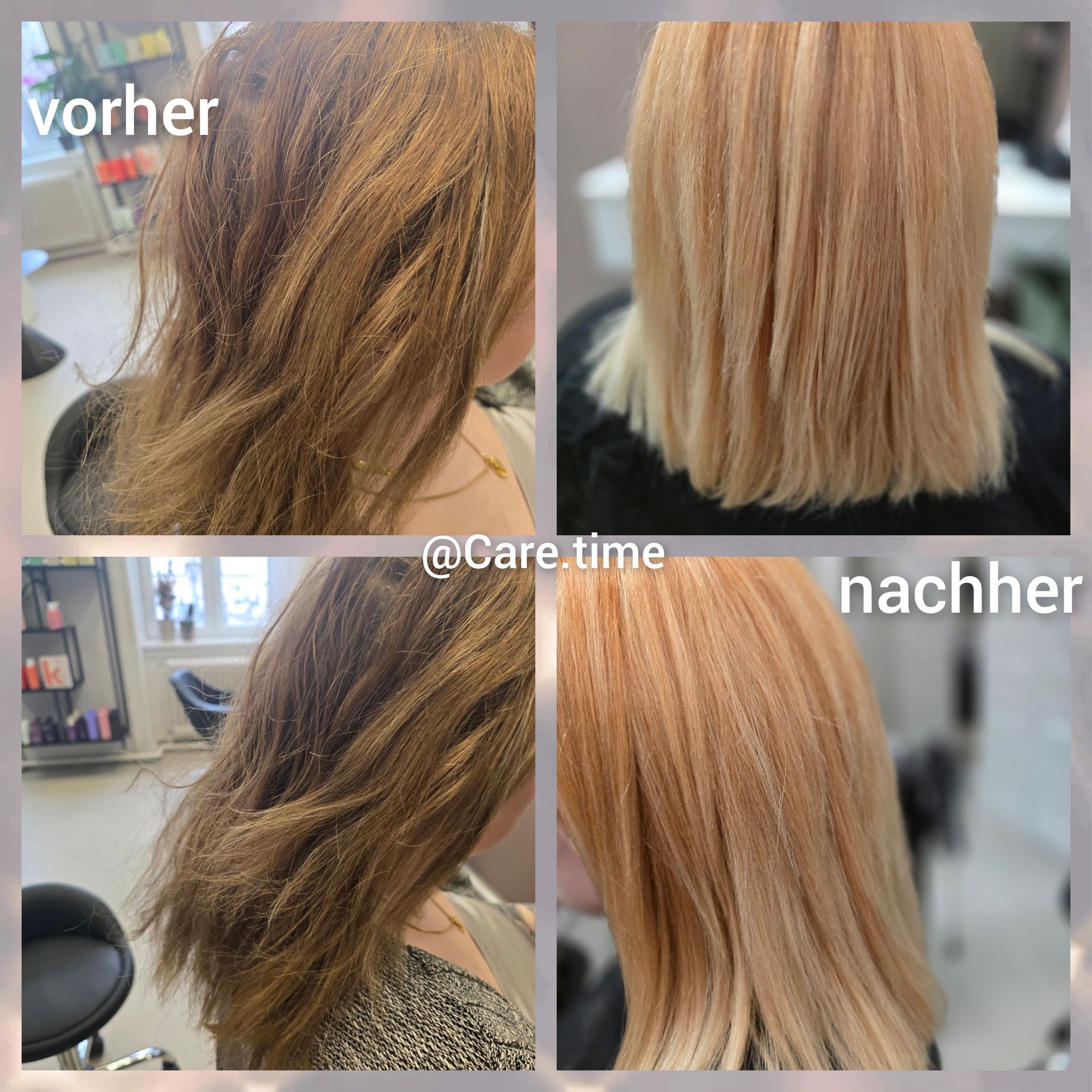 Vorher-Nachher-Collage von blondem Haar mit dunklerem Ansatz, die ein glatteres, strahlenderes Ergebnis im Salon zeigt.