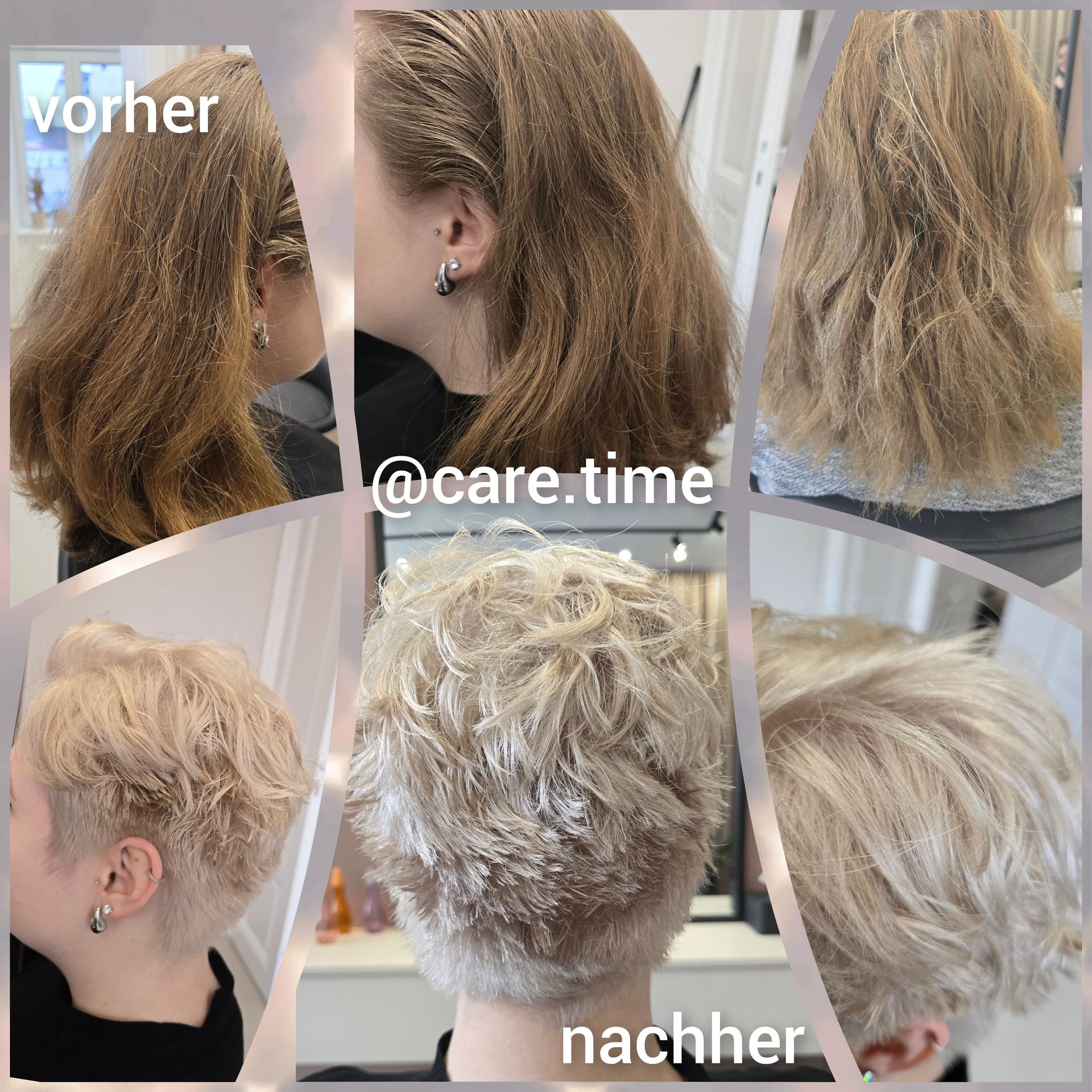 Collage von kurzen blonden Haaren vor und nach dem Schneiden, mit Seiten- und Rückansicht im Salon.