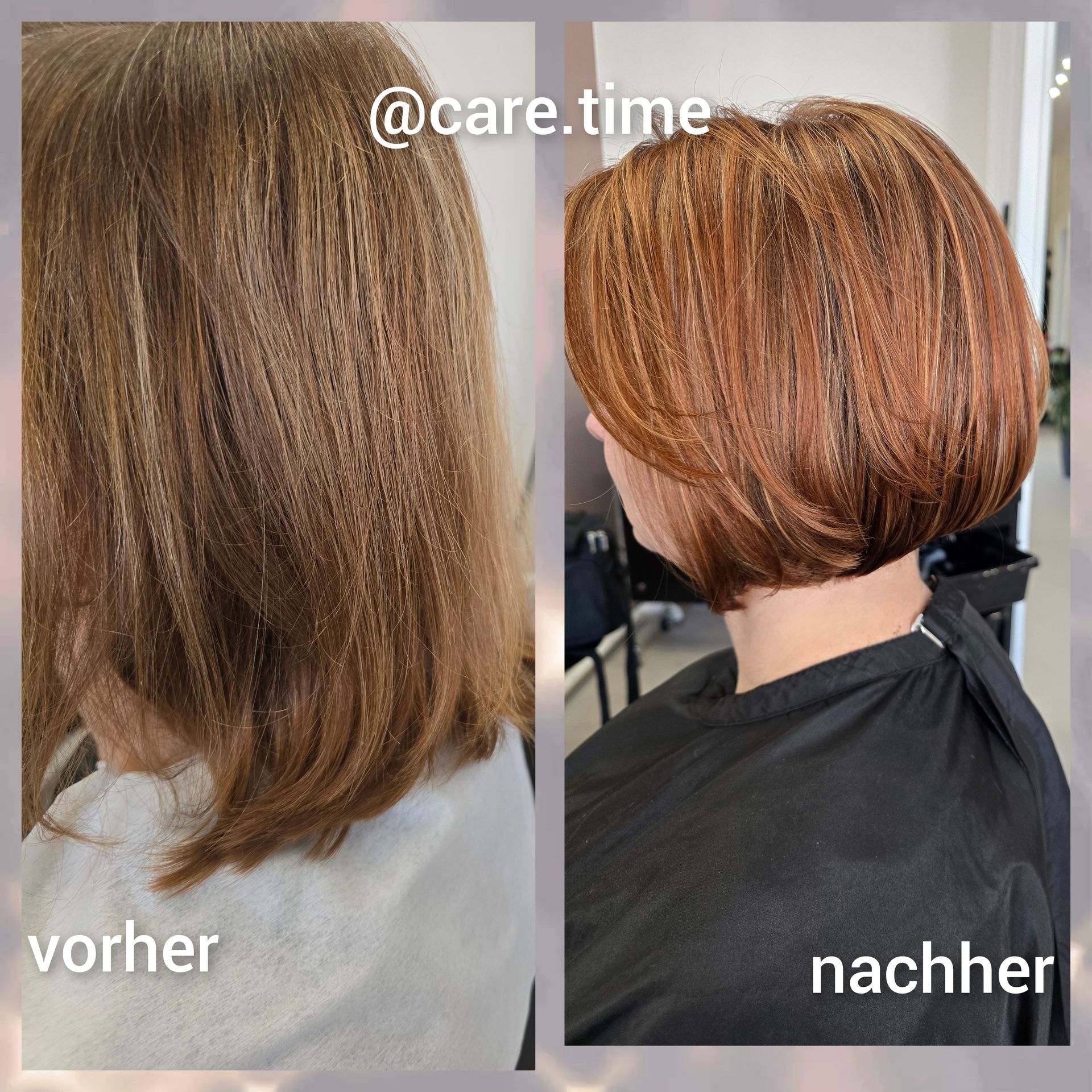 Vorher-Nachher-Haarschnitt: Schulterlanges Haar wird zu einem kurzen kupferfarbenen Bob