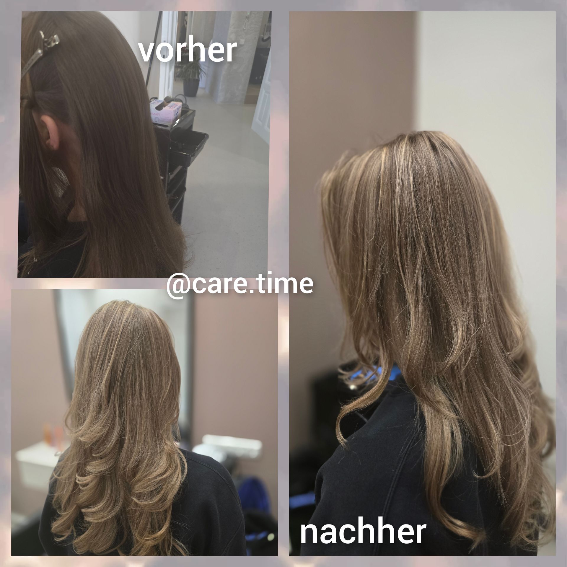 Collage mit Vorher- und Nachher-Ansichten eines gestuften blonden Haarschnitts mit weicheren Wellen im Salon.