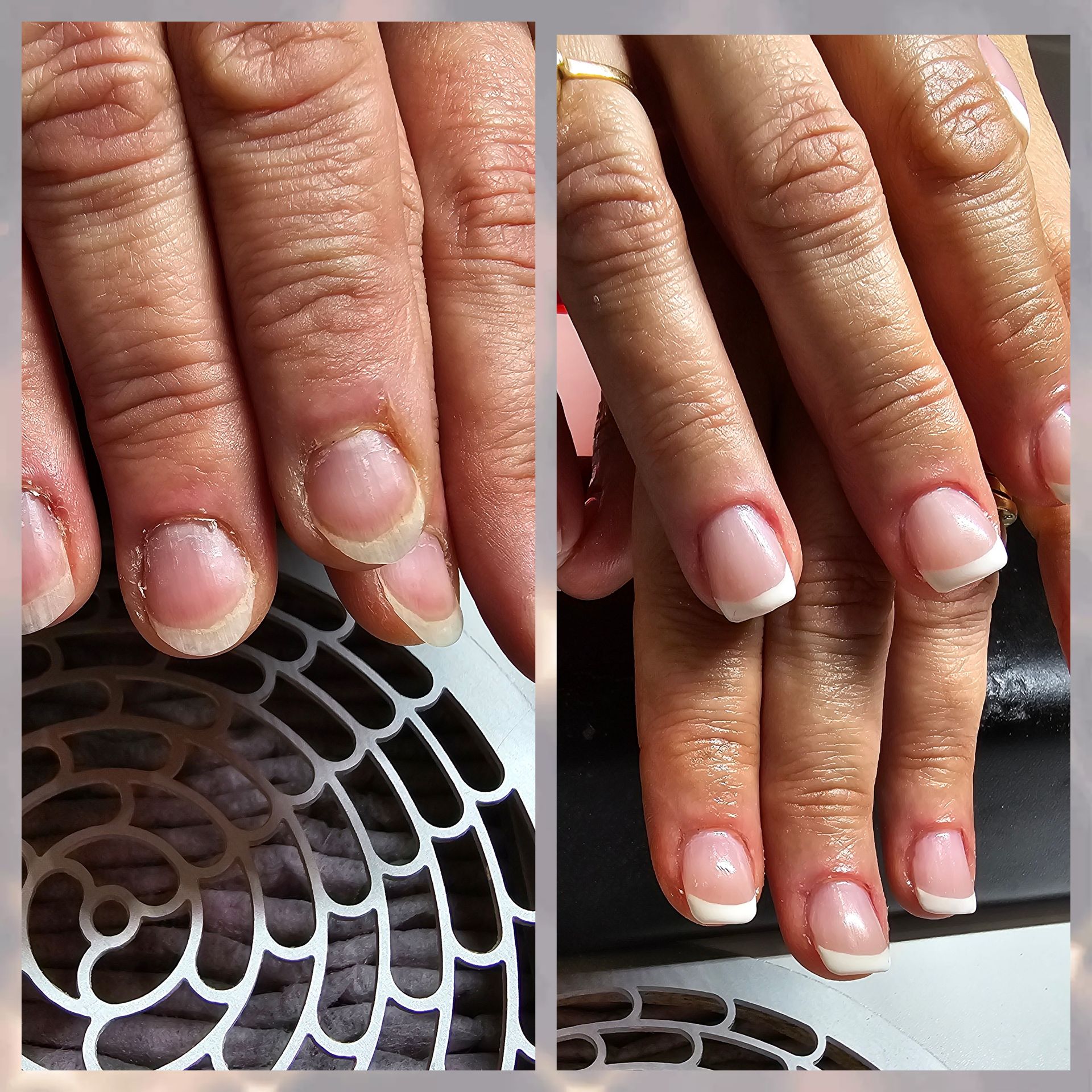 Nahaufnahme von Händen mit French Manicure, vorher und nachher vor einem Fächerhintergrund