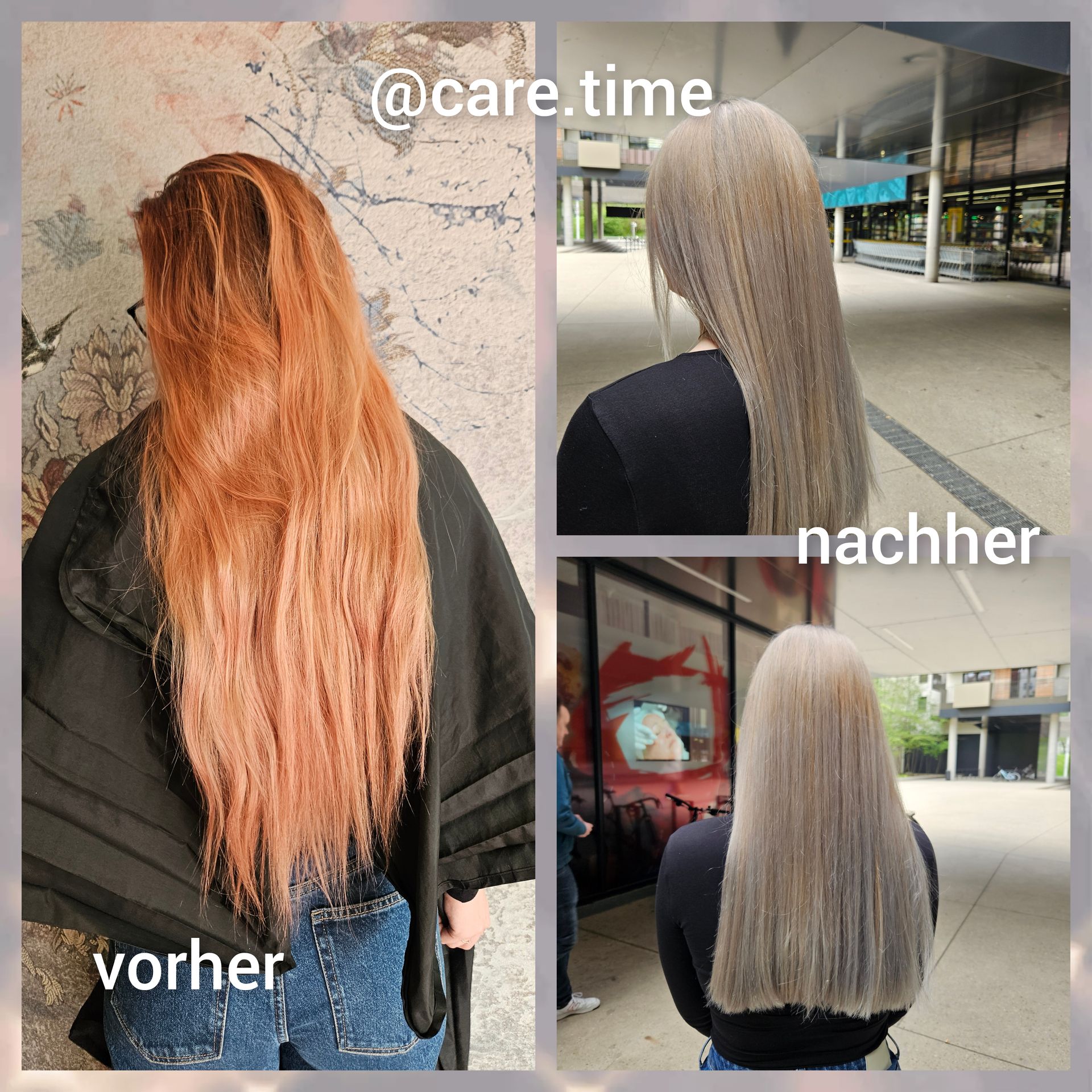 Vorher-Nachher-Haarverwandlung: Langes orangefarbenes Haar wurde in langes silberblondes Haar verwandelt.