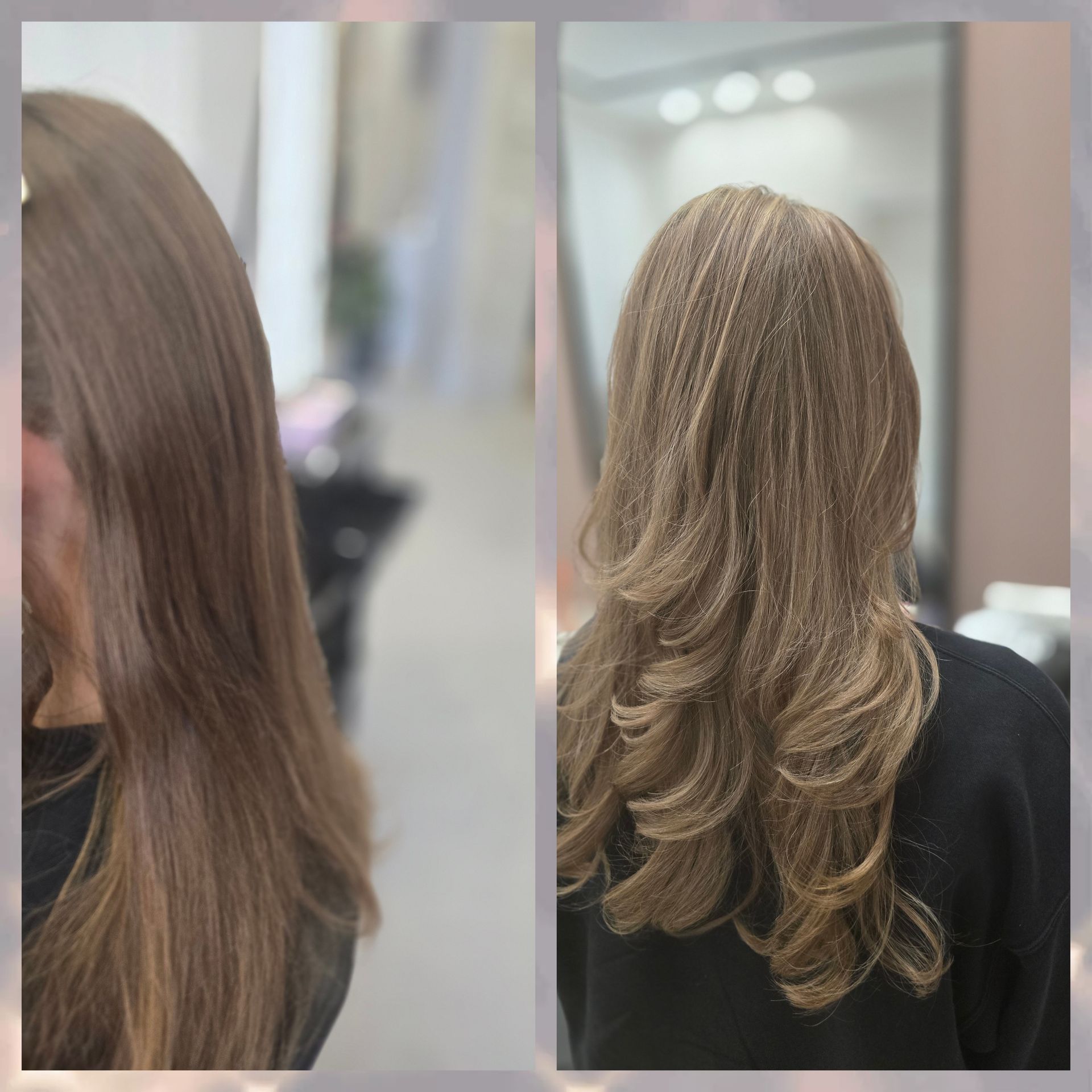 Salon-Haarverwandlung im direkten Vergleich: von glattem, hellbraunem Haar zu voluminösen, blonden Locken.