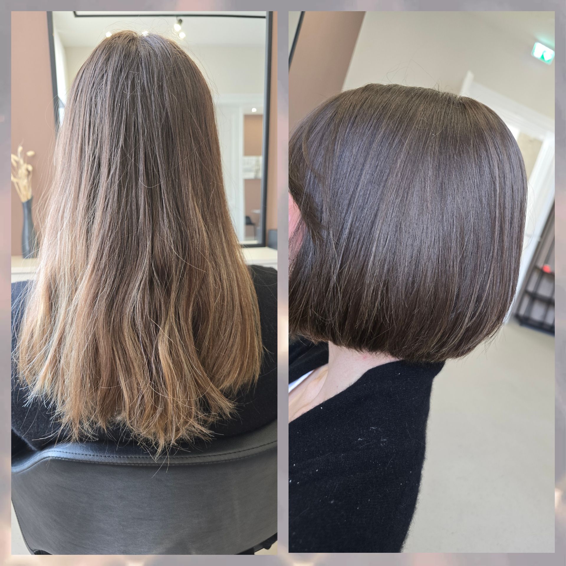 Haarverwandlung: vorher langes, krauses braunes Haar, nachher ein eleganter, kinnlanger Bob.