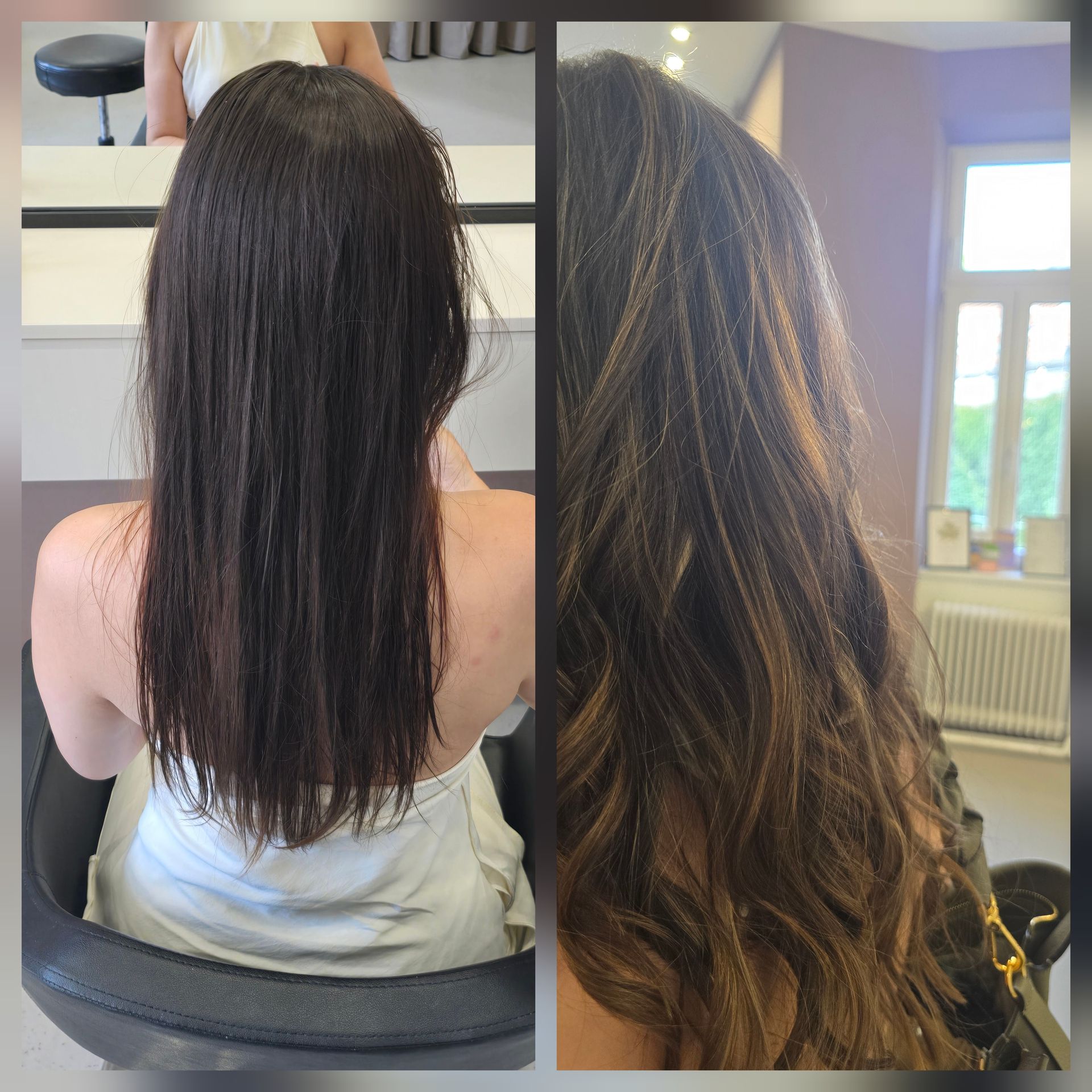 Vorher-Nachher-Foto: Links glattes dunkles Haar, rechts gestyltes, gewelltes braunes Haar.