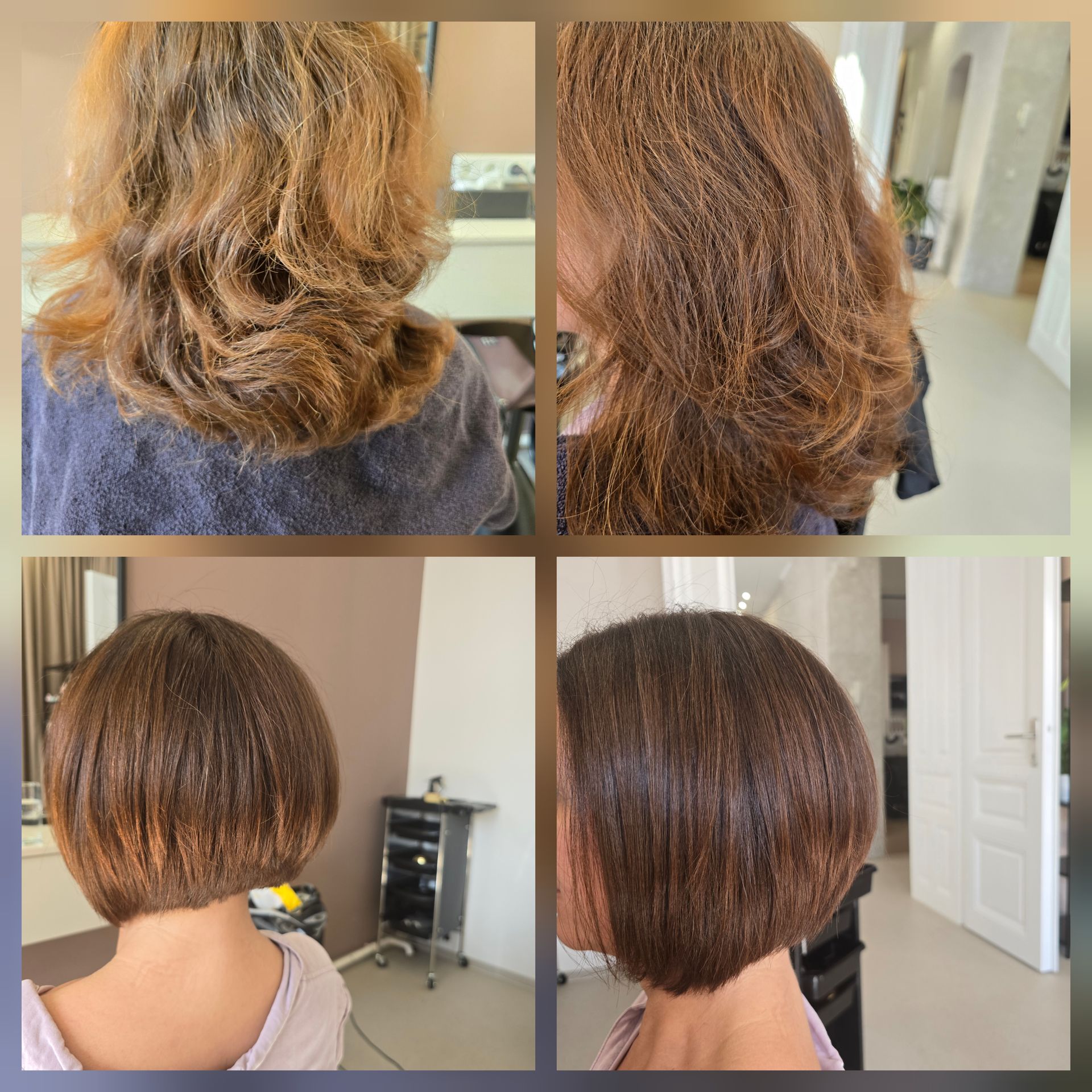 Vierteilige Collage, die gewelltes braunes Haar vor und nach einem kurzen Stufenschnitt aus der Rückansicht zeigt.