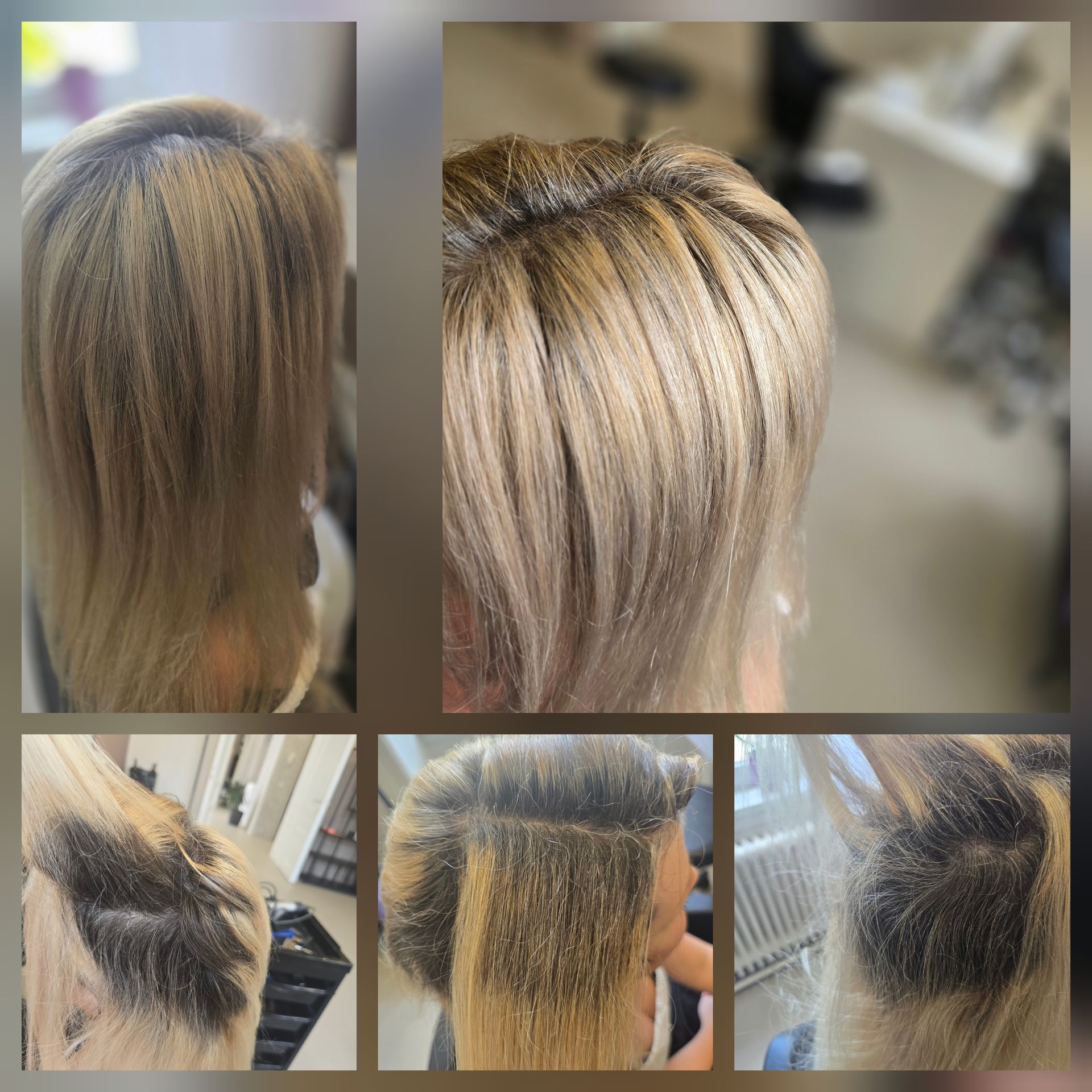 Collage von Nahaufnahmen blonder Haarfarben, die Strähnchen, Ansatz und verblasste Partien in einem Salon zeigen