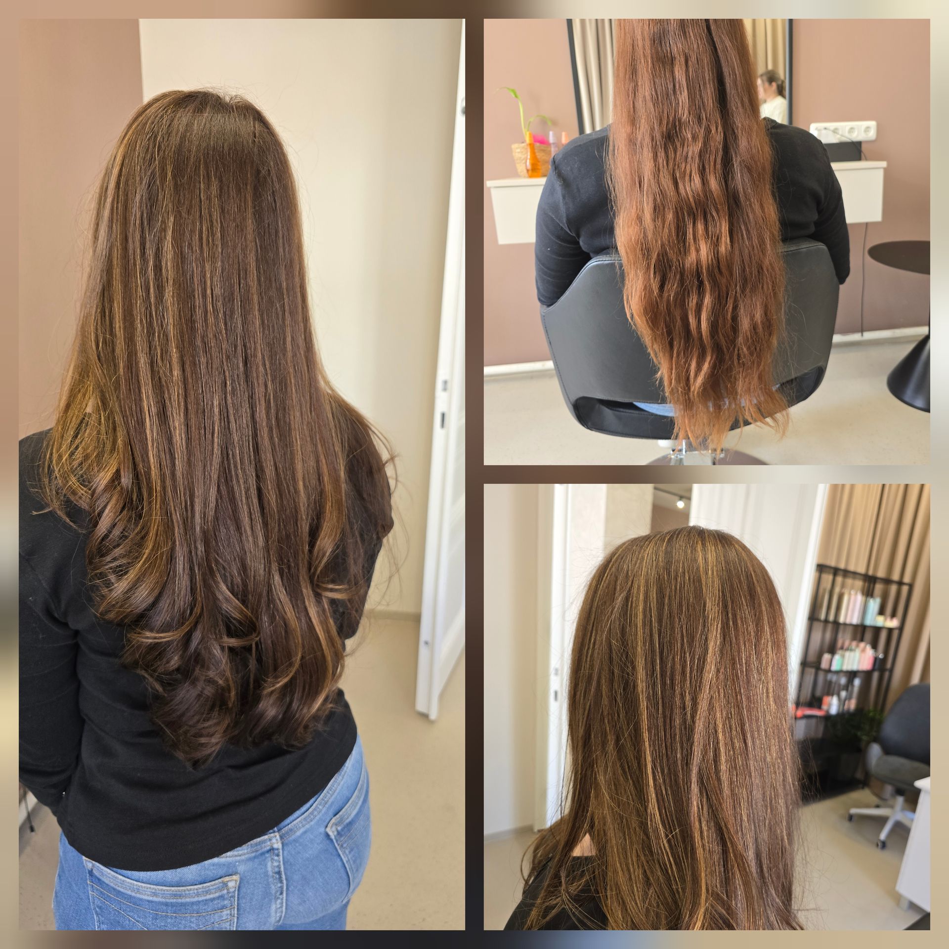 Collage von langem braunem Haar vor und nach der Behandlung, die von hinten ein glatteres, geraderes Ergebnis zeigt.
