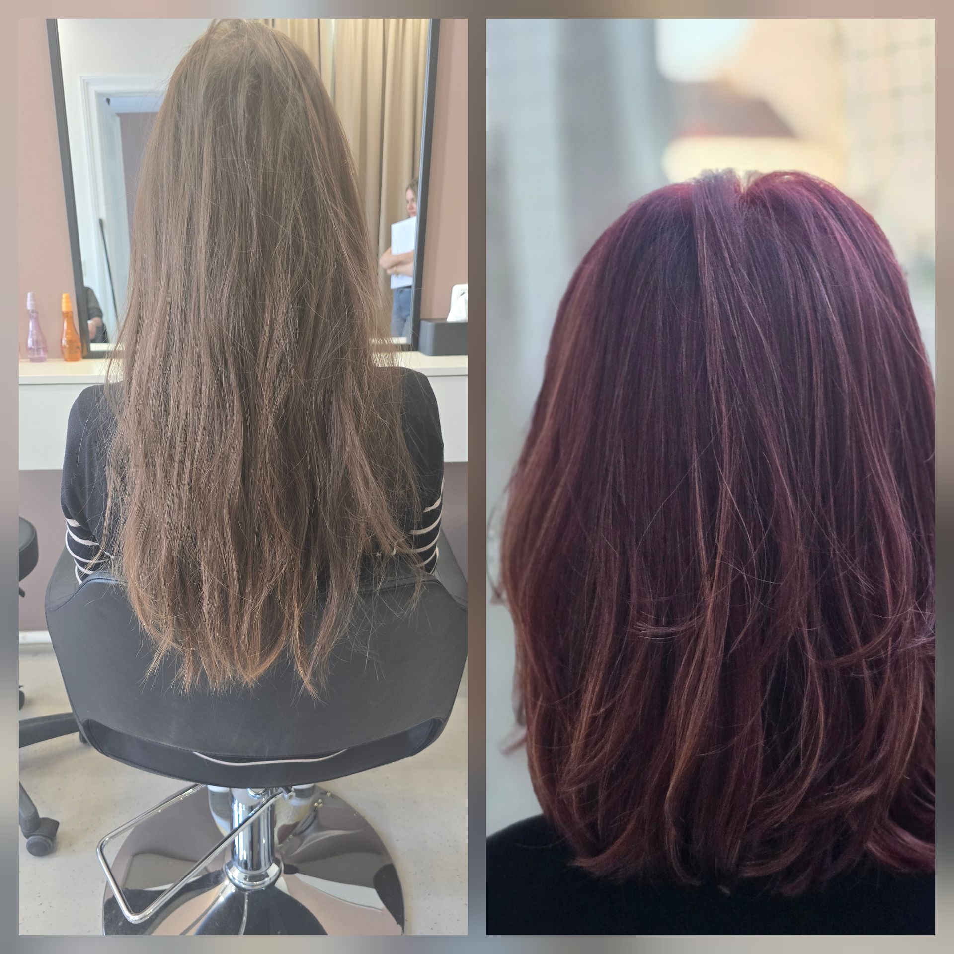Vorher-Nachher-Haarverwandlung: von langem, krausem braunem Haar zu glattem, schulterlangem, burgunderrotem Stufenhaar.