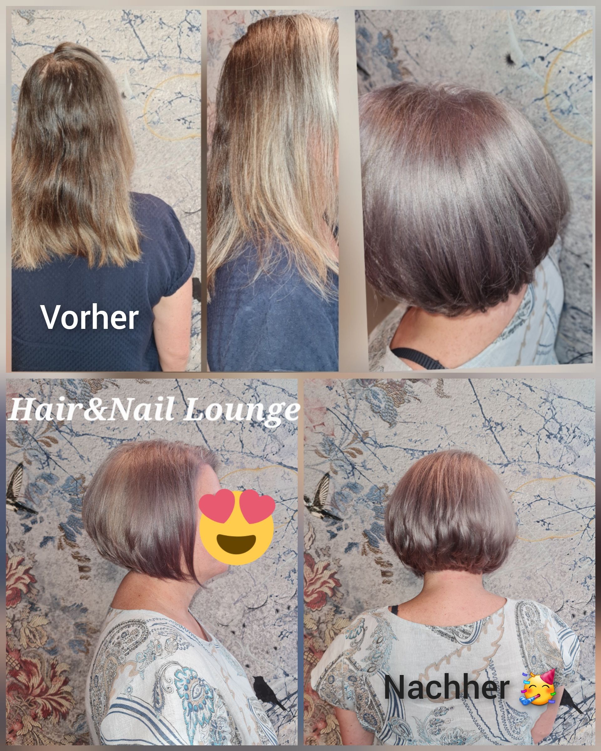 Vorher-Nachher-Collage aus einem Friseursalon, die die Verwandlung einer blonden zu einer braunen Kurzhaarfrisur zeigt.