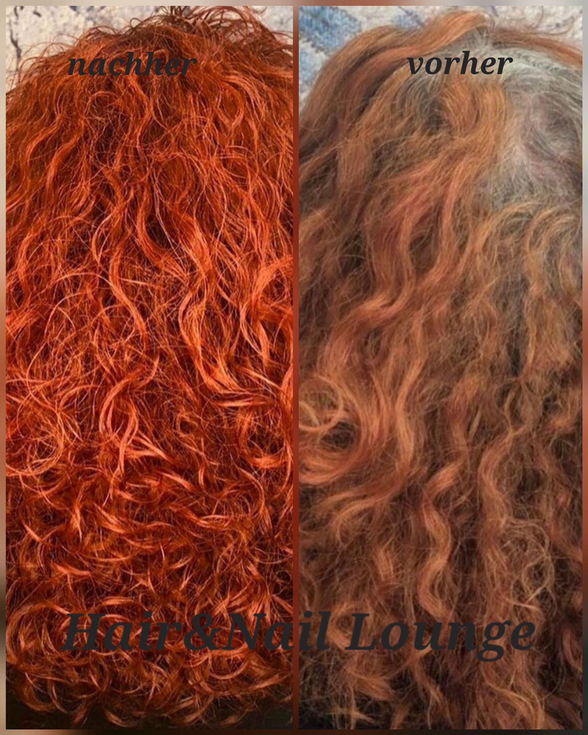 Direkter Vergleich von lockigem Haar vor und nach der Färbung, von leuchtendem Orange zu Braunblond mit helleren Strähnen