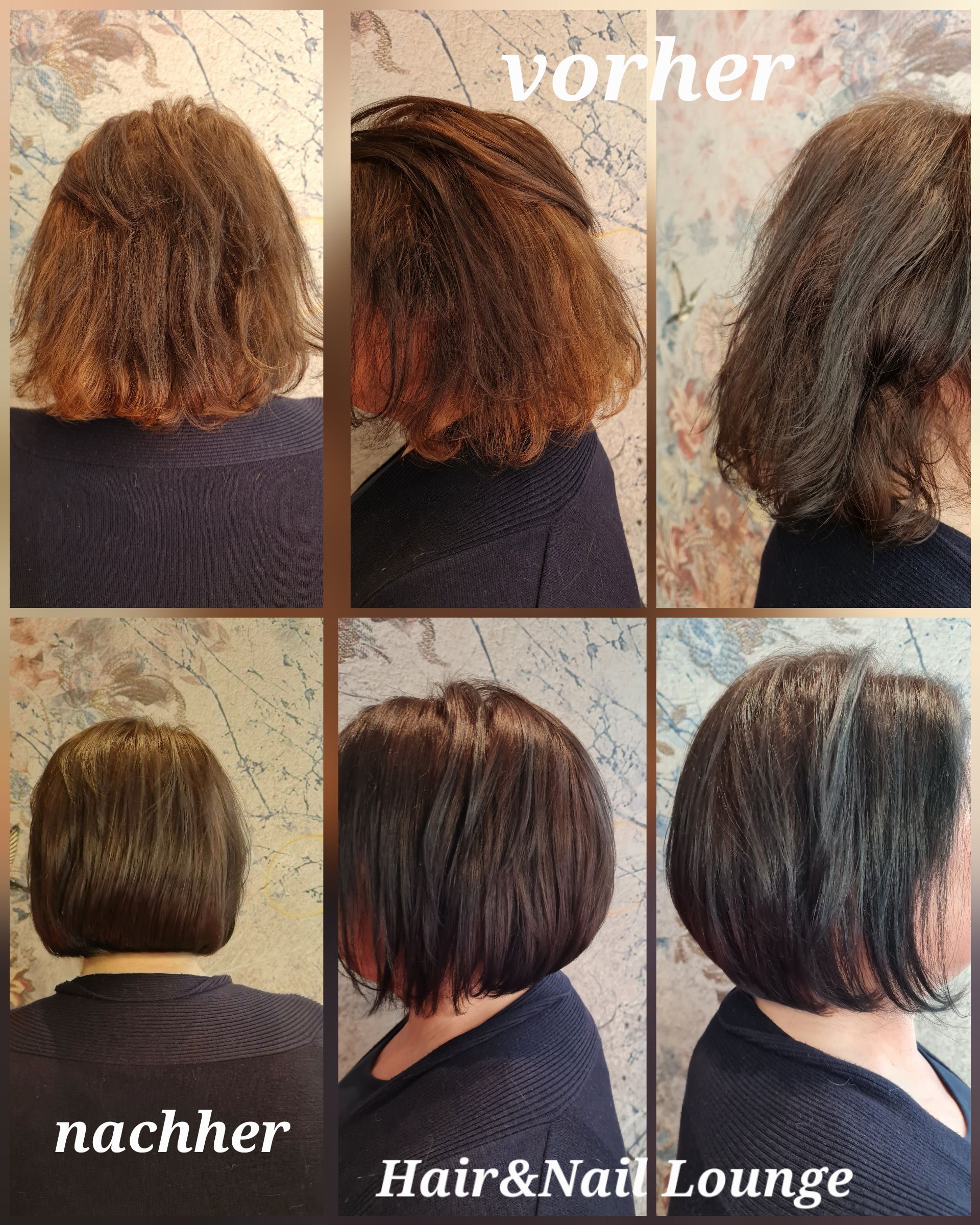 Vorher-Nachher-Collage eines Haarschnitts, die zeigt, wie ein brauner Bob in einen eleganten, kurzen Stufenschnitt 