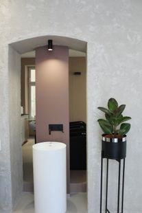 Bogenförmiger Türbogen mit rosa Wand, weißem Sockel und Topfpflanze auf schwarzem Ständer.
